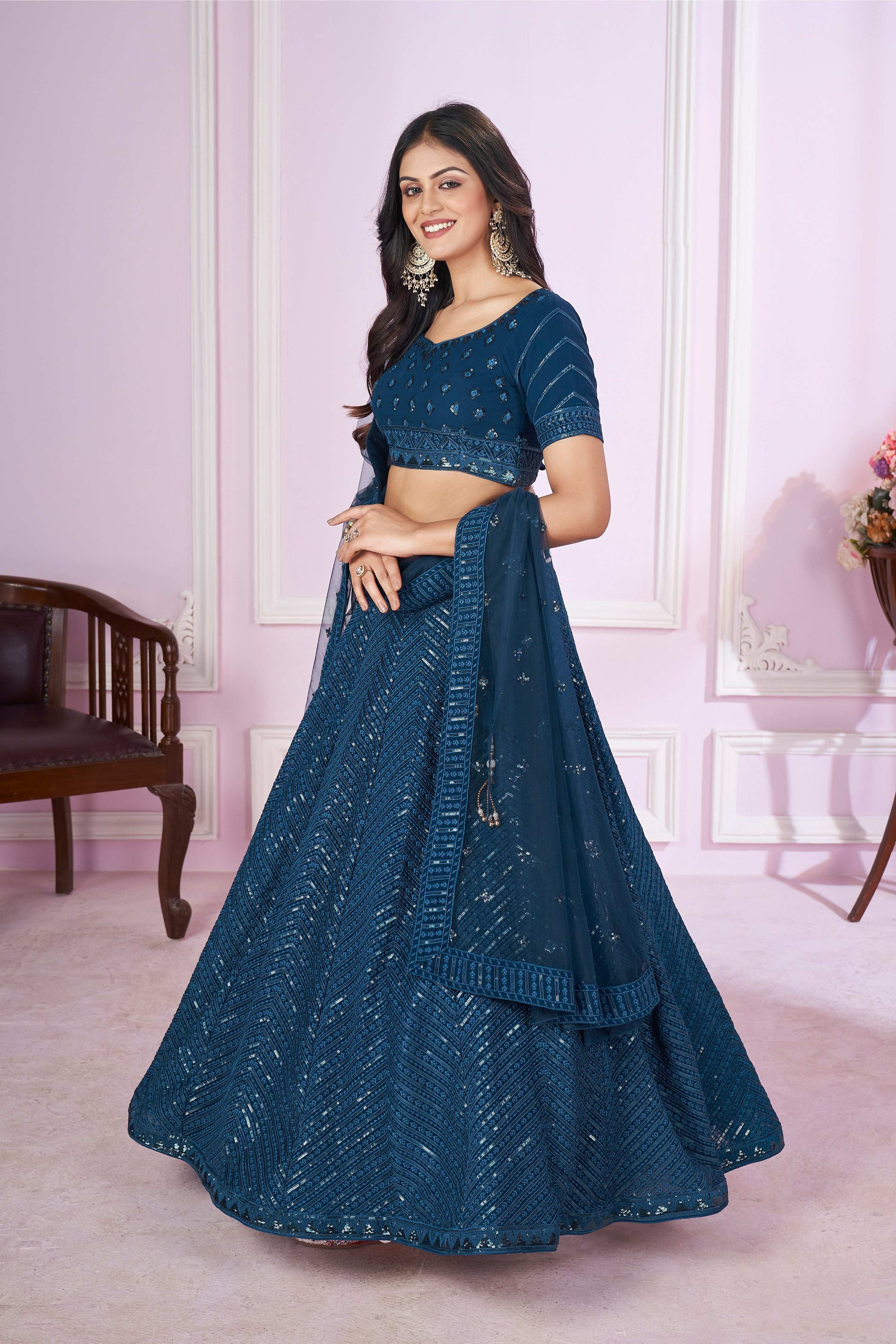 Teal Georgette Sequins Embroidered Lehenga Choli with Dupatta