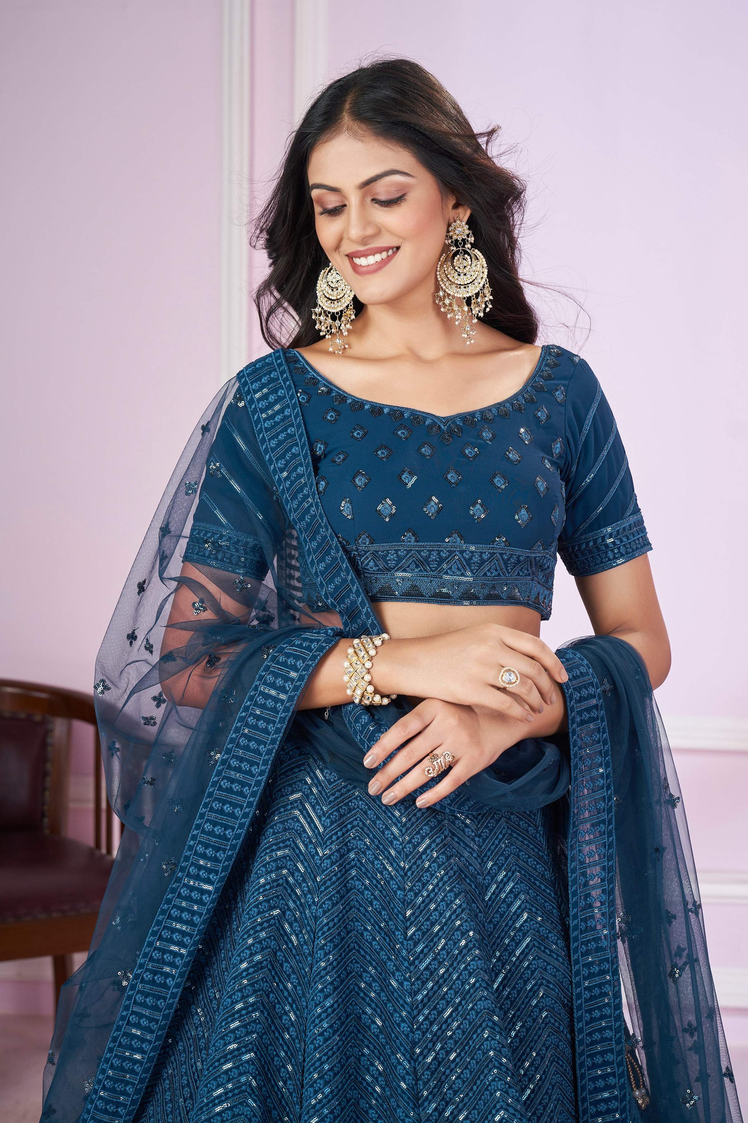 Teal Georgette Sequins Embroidered Lehenga Choli with Dupatta