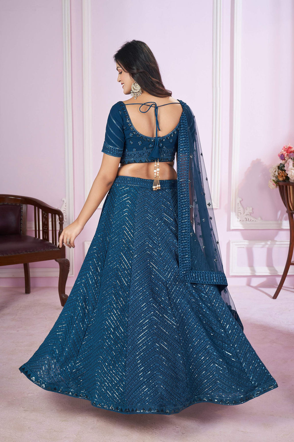 Teal Georgette Sequins Embroidered Lehenga Choli with Dupatta