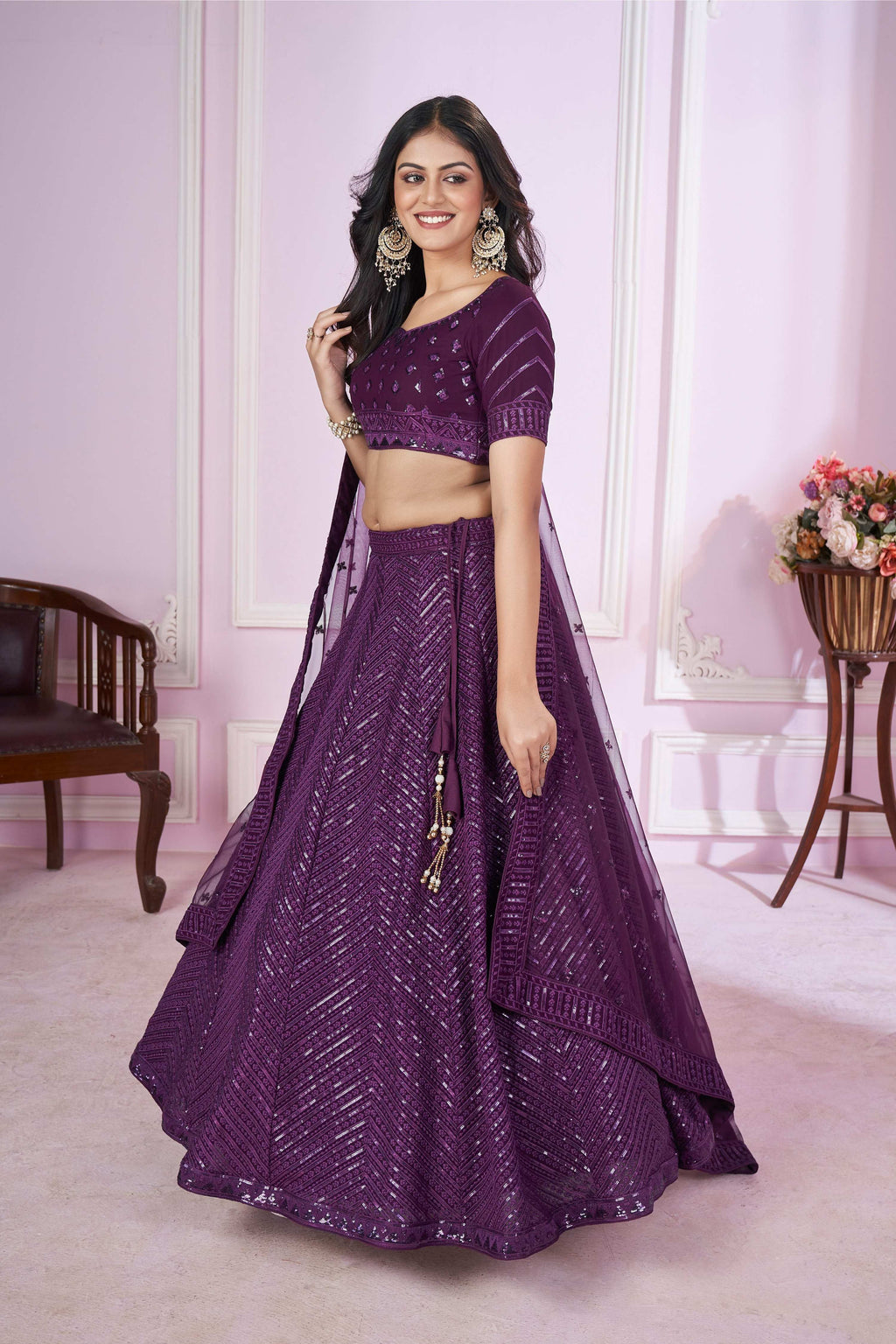Women's Purple Georgette Sequins Thread Embroidered Lehenga Choli