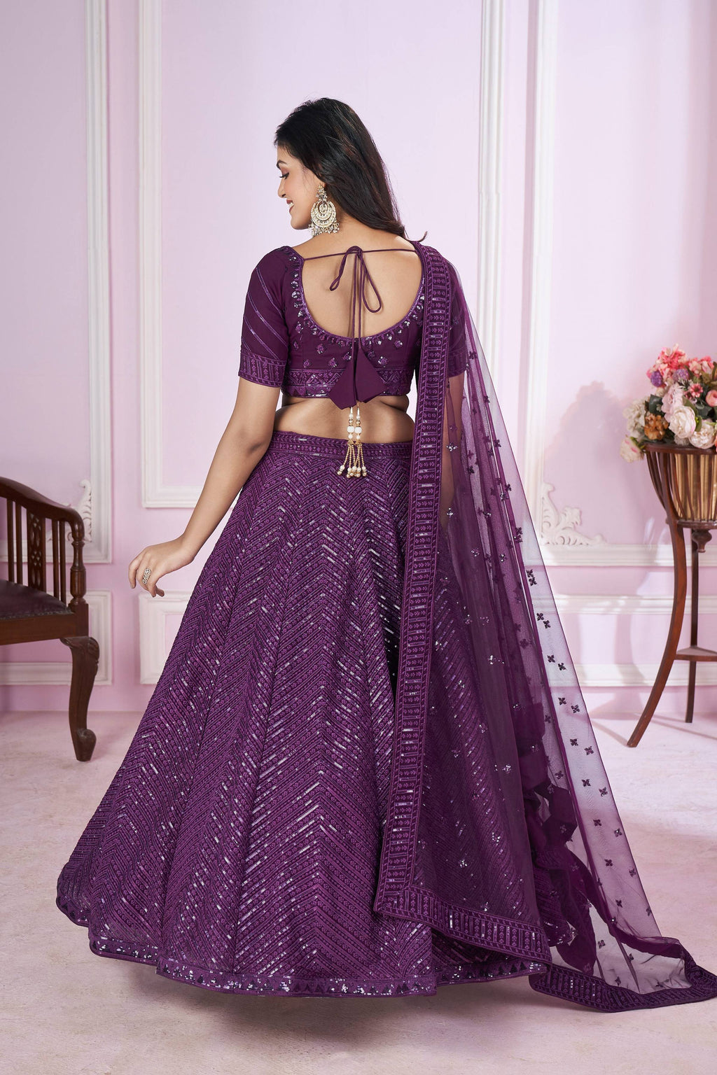 Women's Purple Georgette Sequins Thread Embroidered Lehenga Choli