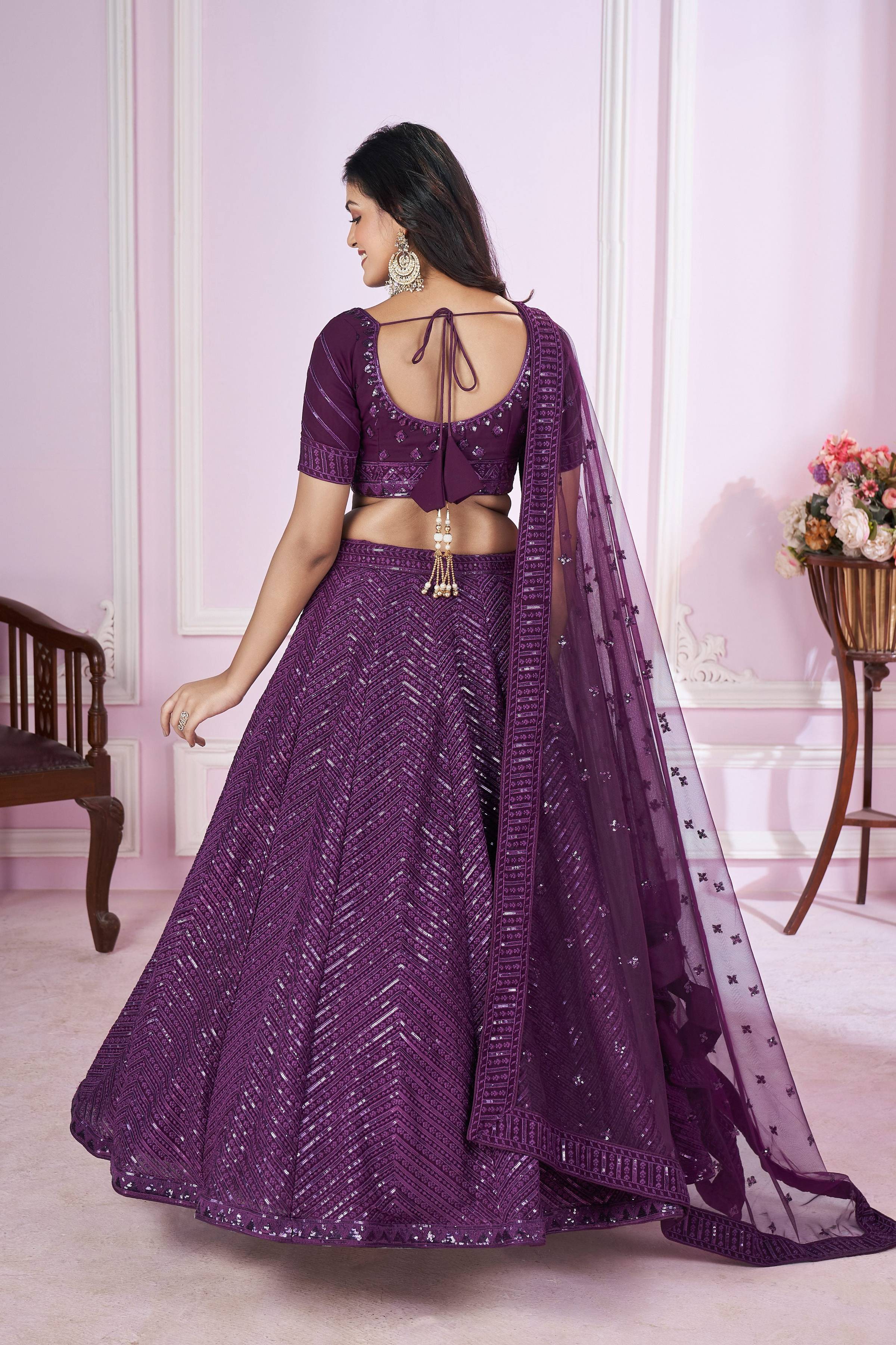 Women's Purple Georgette Sequins Thread Embroidered Lehenga Choli