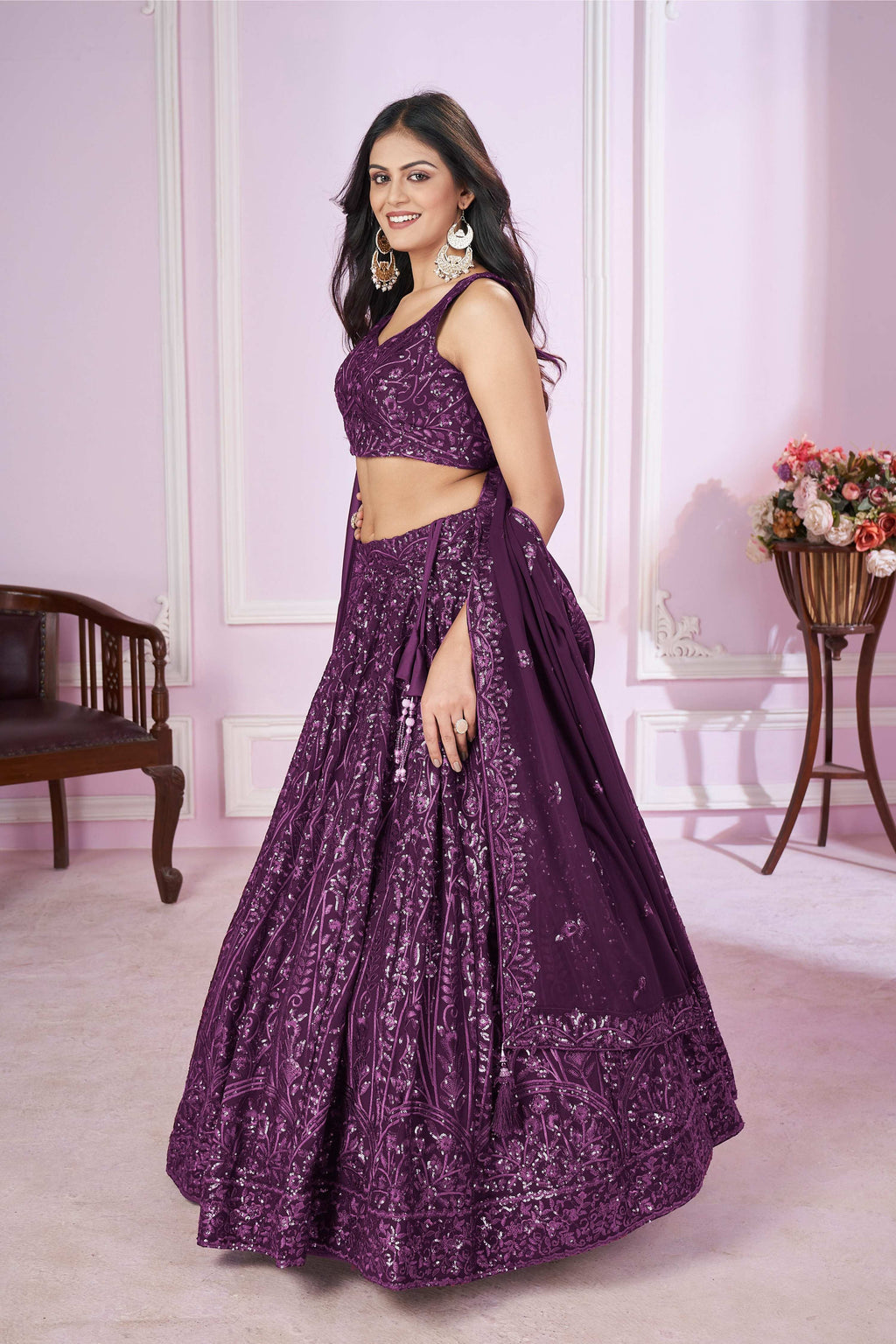 Purple Georgette Lehenga Choli with Sequins and Thread Embroidery