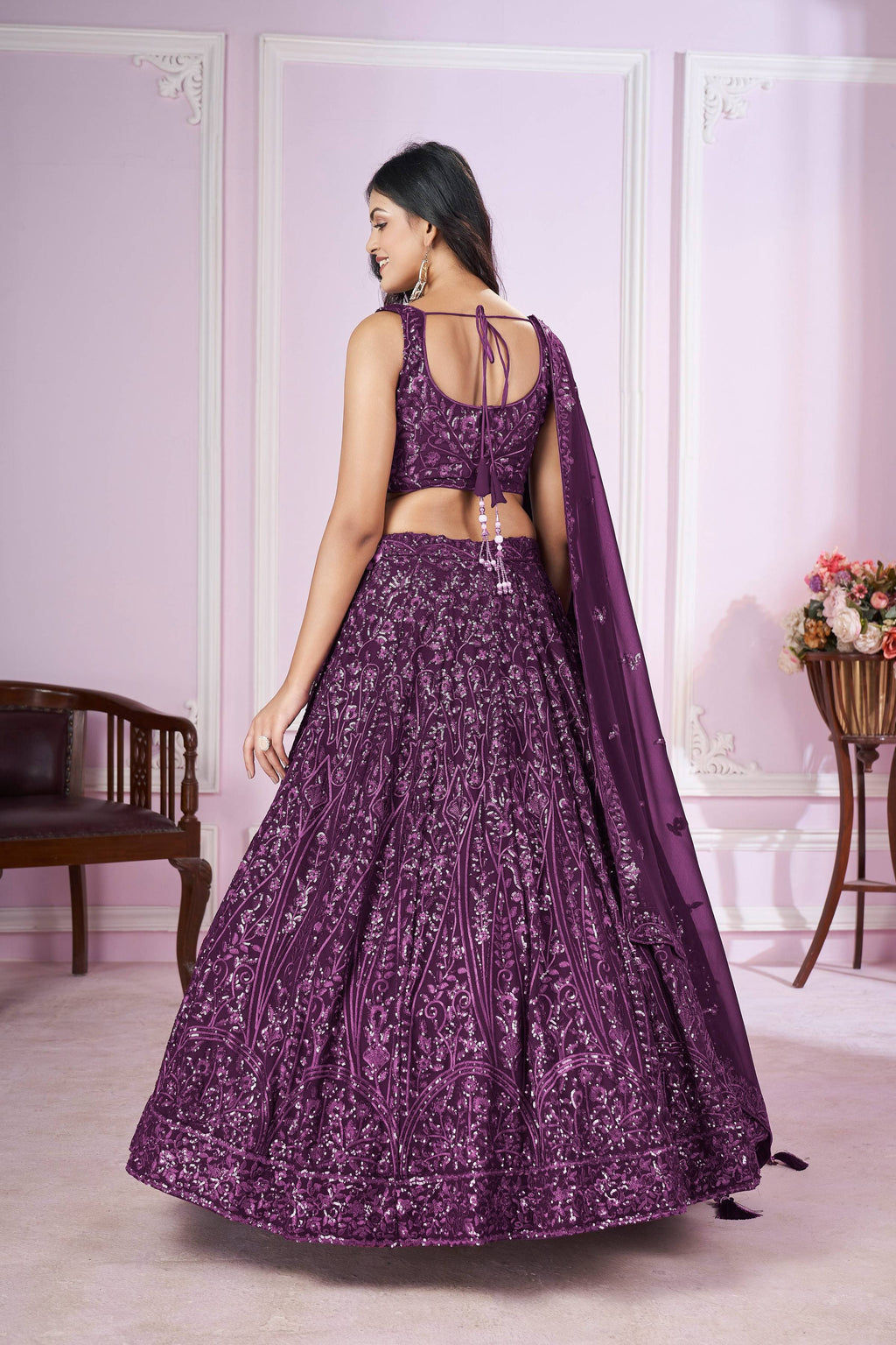 Purple Georgette Lehenga Choli with Sequins and Thread Embroidery