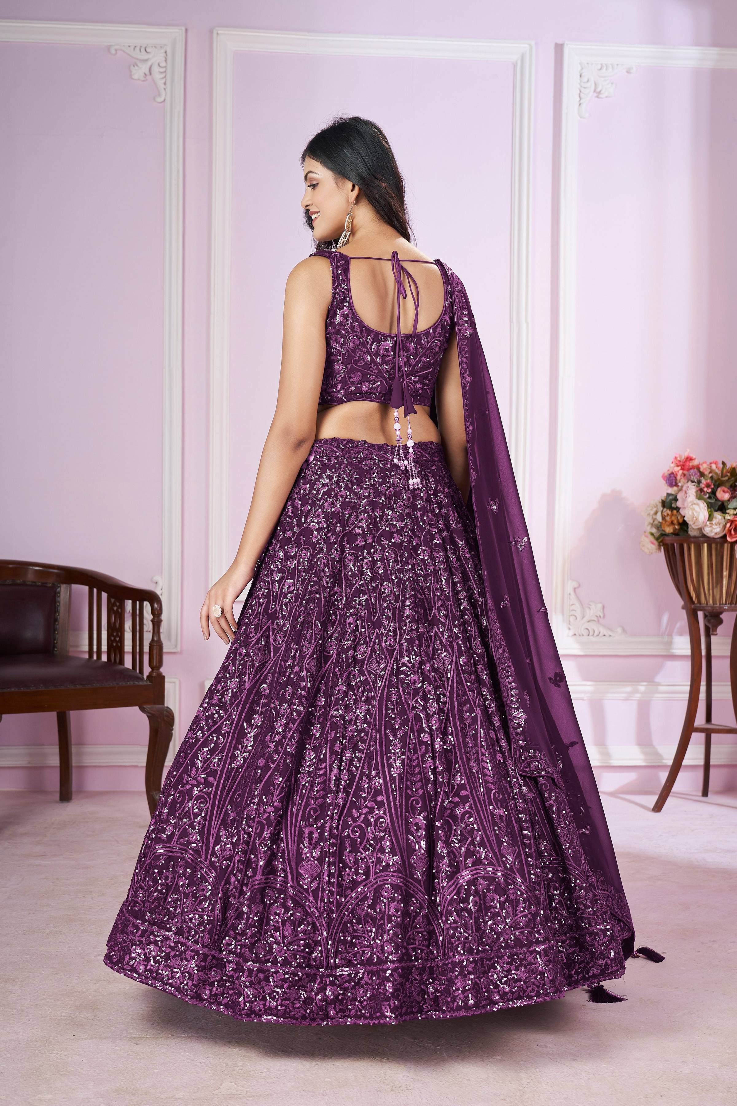 Purple Georgette Lehenga Choli with Sequins and Thread Embroidery