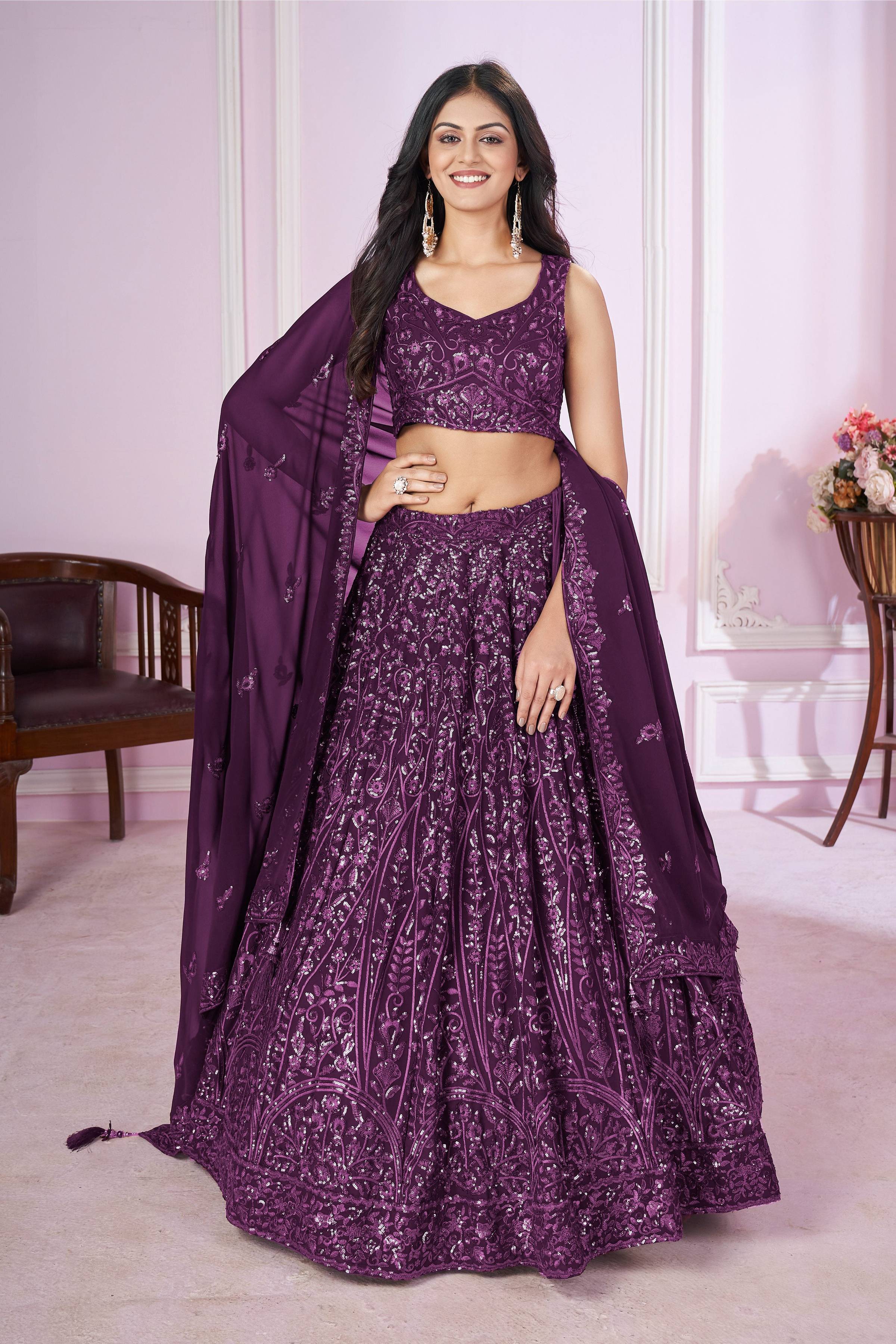 Purple Georgette lehenga choli with thread embroidery and sequins detail