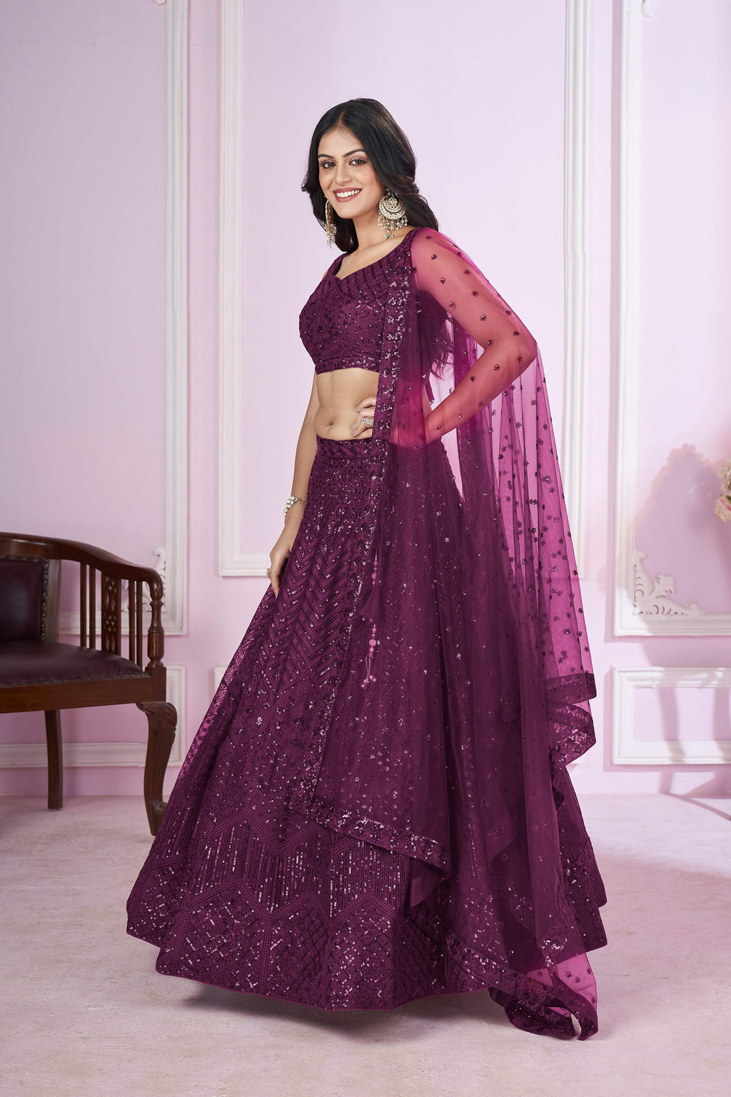 Wine Soft Net Sequins Thread Embroidered Lehenga Choli Set