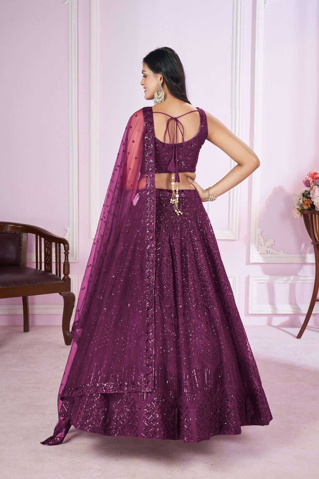 Wine Soft Net Sequins Thread Embroidered Lehenga Choli Set