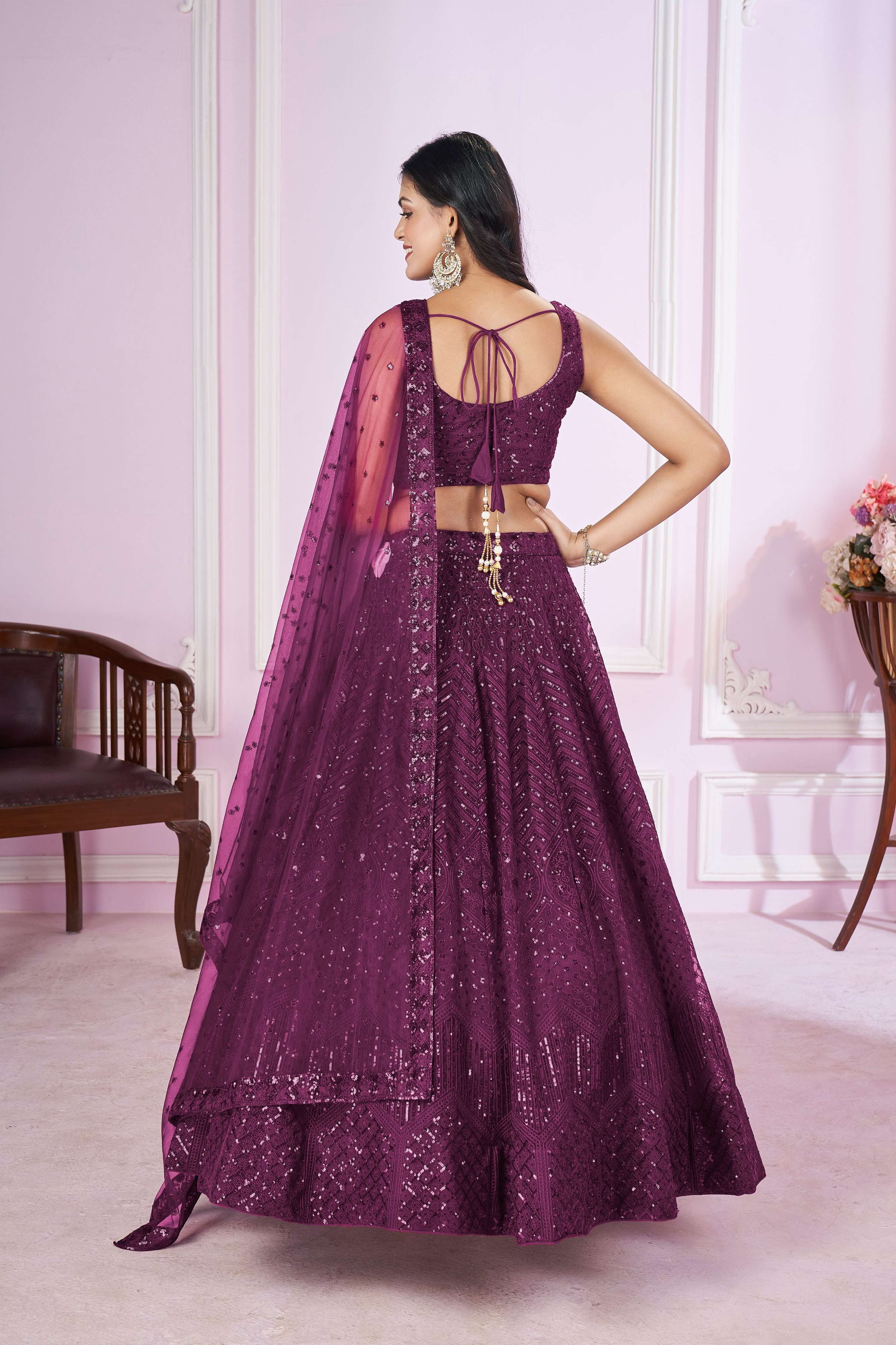 Wine Soft Net Sequins Thread Embroidered Lehenga Choli Set