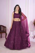 Elegant Wine Soft Net Lehenga Choli with sequins and thread embroidery detailing.