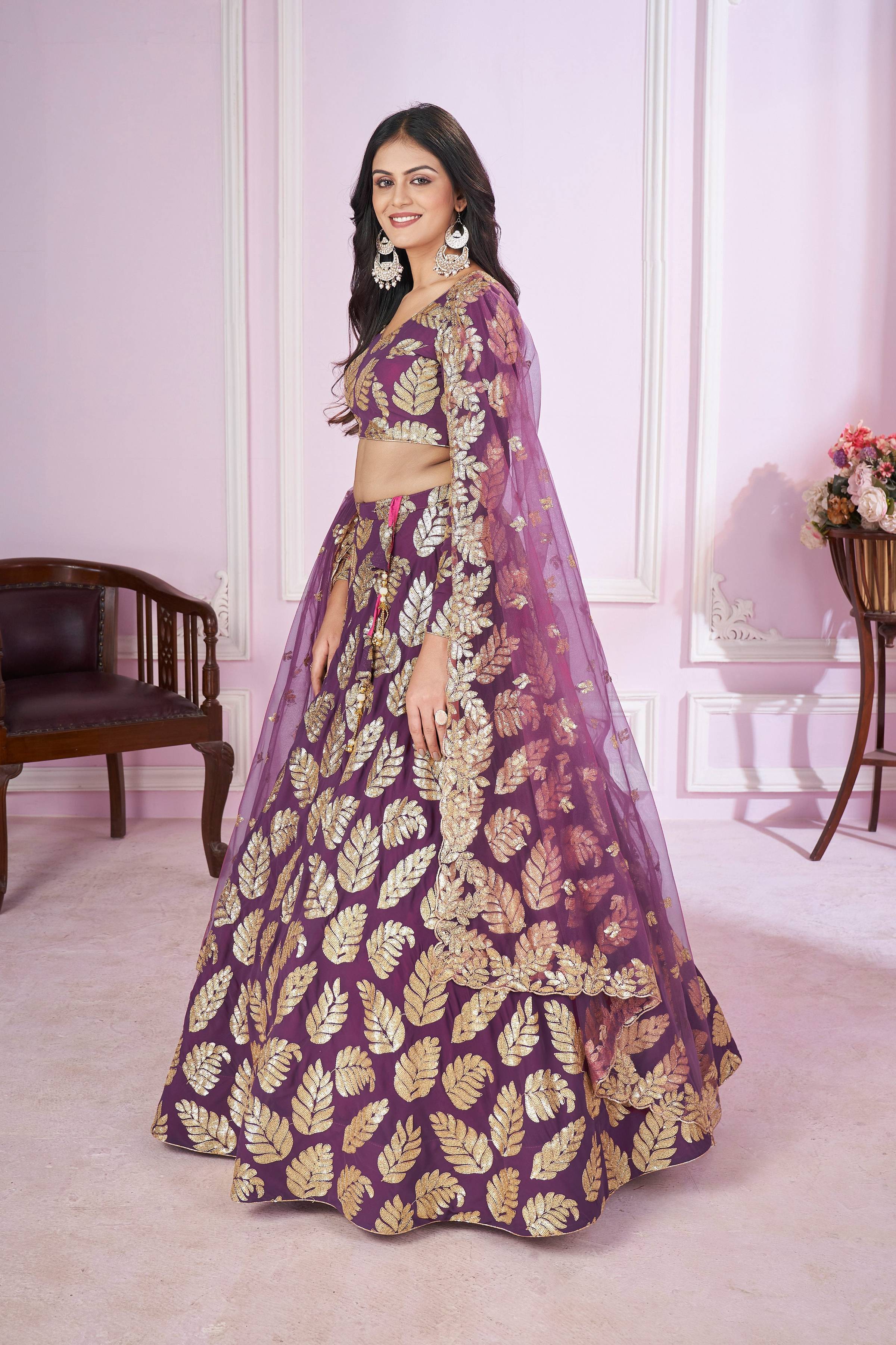 Purple Georgette Sequins Zari Embroidered Lehenga Choli Set