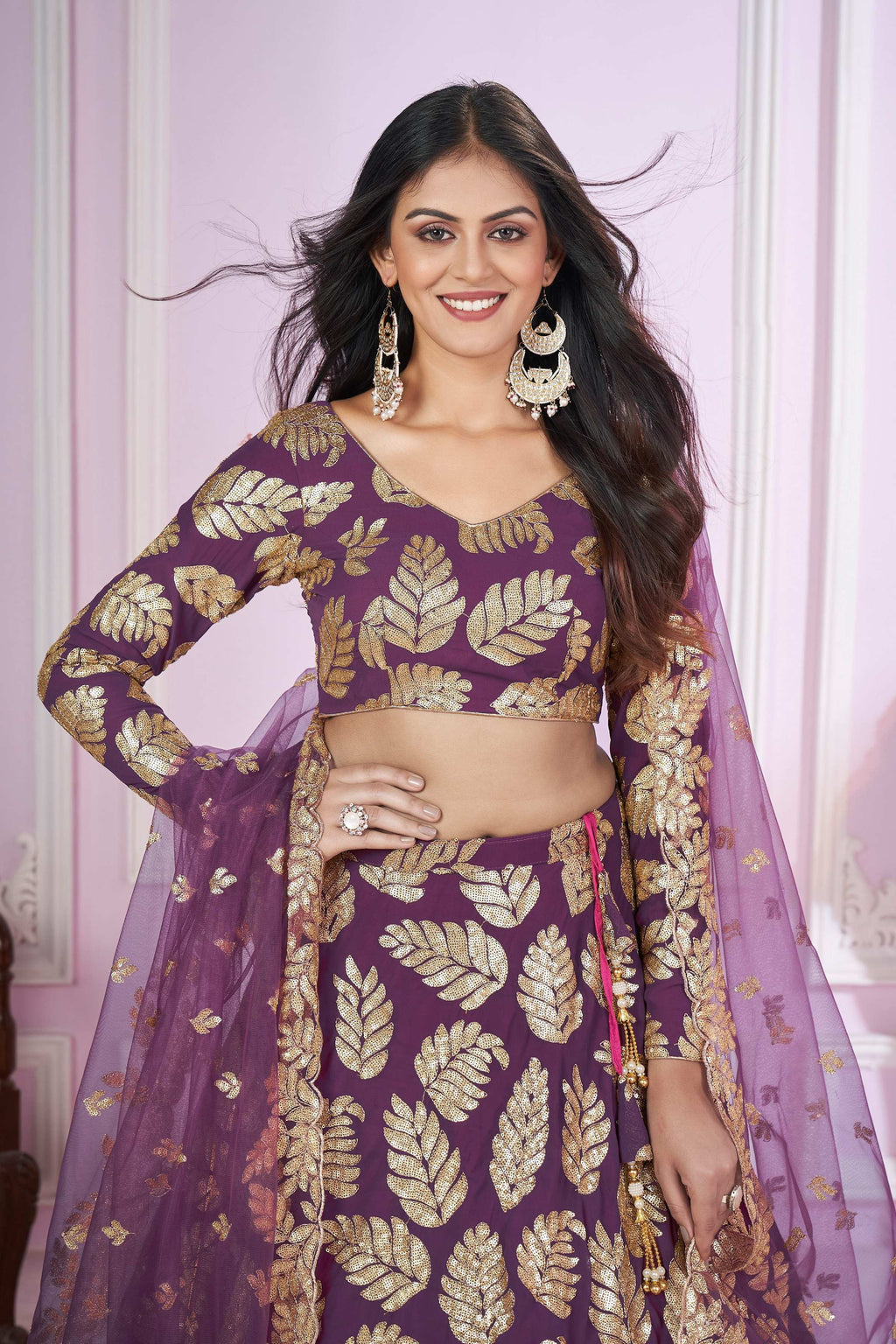Purple Georgette Sequins Zari Embroidered Lehenga Choli Set