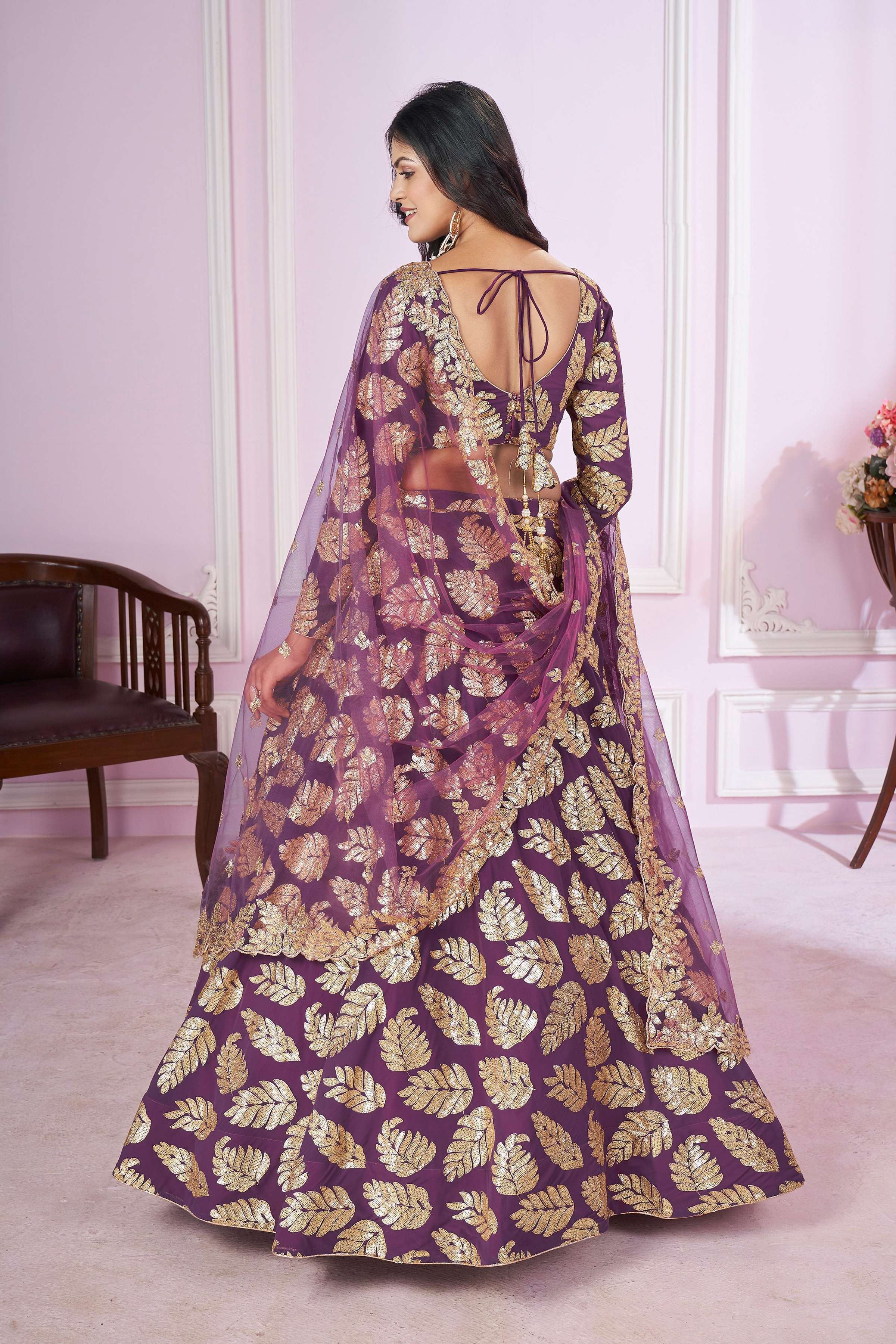 Purple Georgette Sequins Zari Embroidered Lehenga Choli Set