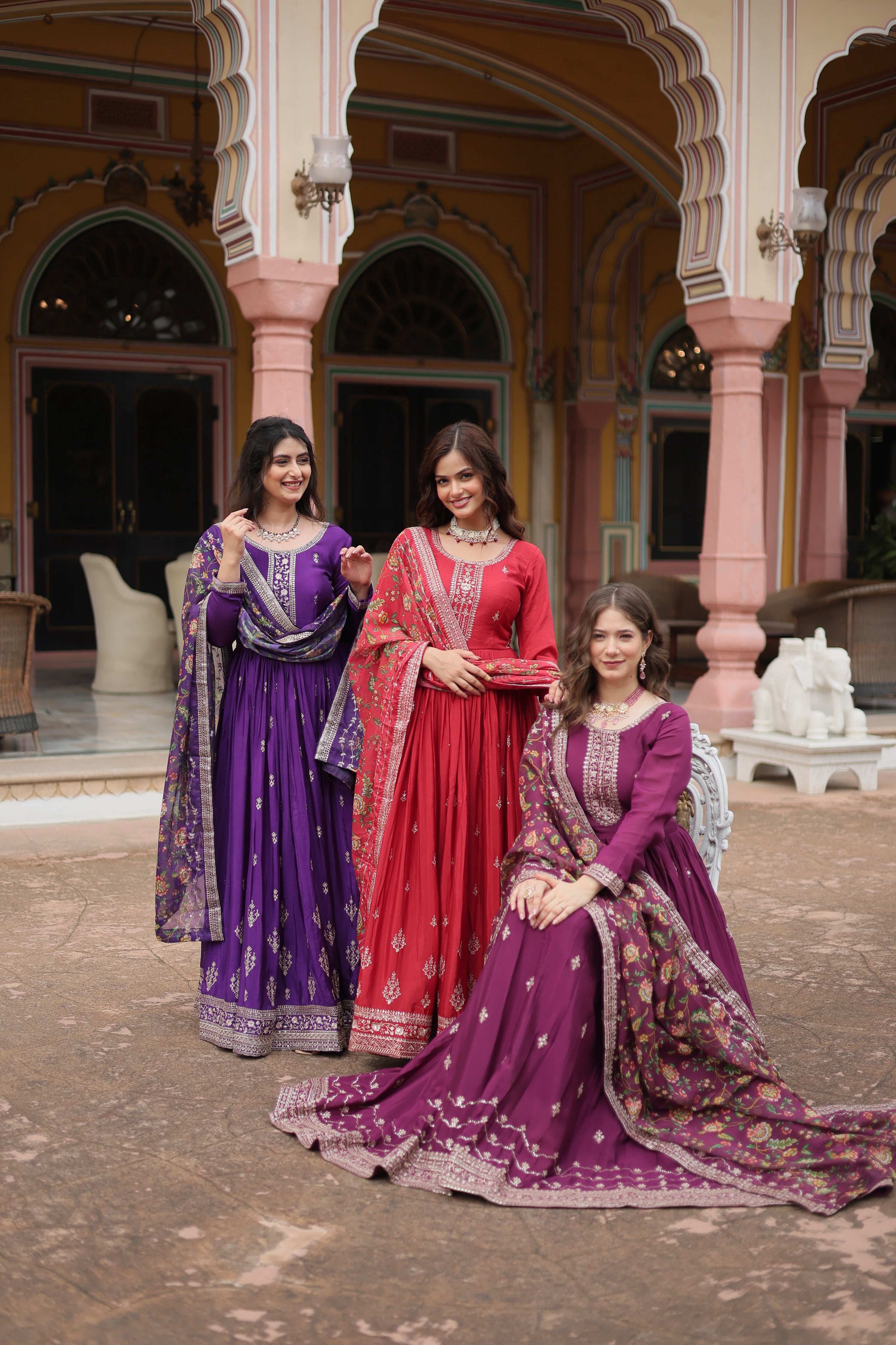Maroon Purple & Wine Chinon Sequins Embroidered Anarkali Set