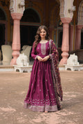 Wine-colored Chinon Anarkali set with rich sequin embroidery and a wide flared hem