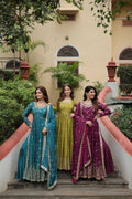 Woman wearing a Rama Mehendi and Wine Chinon A-line kurta with sequins embroidery and matching dupatta
