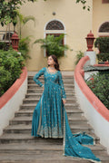 Women's Rama Chinon A-line kurta set with gold sequins embroidery and matching dupatta
