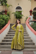 Mehendi green Chinon A-line kurta set with gold sequins embroidery and matching dupatta