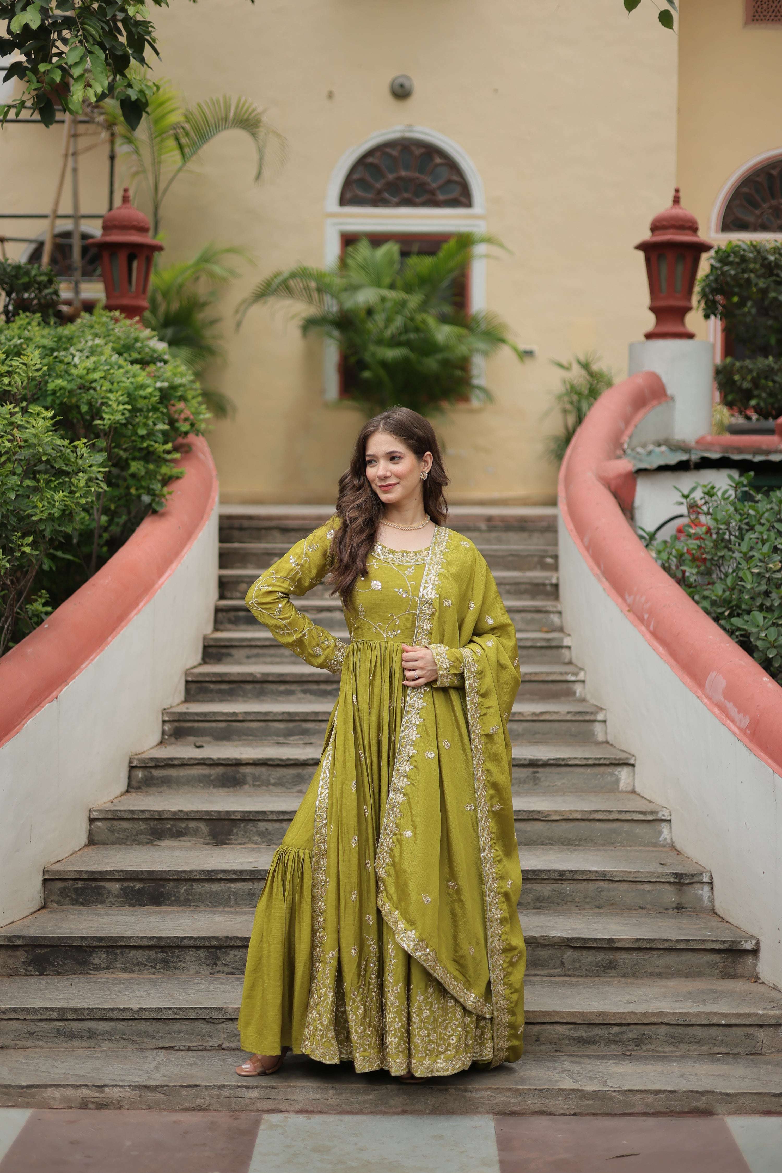 Mehendi green Chinon A-line kurta set with gold sequins embroidery and matching dupatta