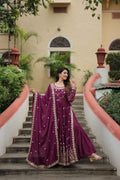 Wine colored long Chinon kurta set with rich sequins embroidery and dupatta
