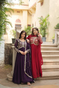 Jyoti Fashion Women's Maroon & Wine Faux Blooming Sequins Zari Embroidered Long Anarkali Combo Sets