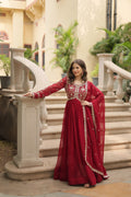Maroon faux blooming long Anarkali set with intricate gold sequins and zari embroidery