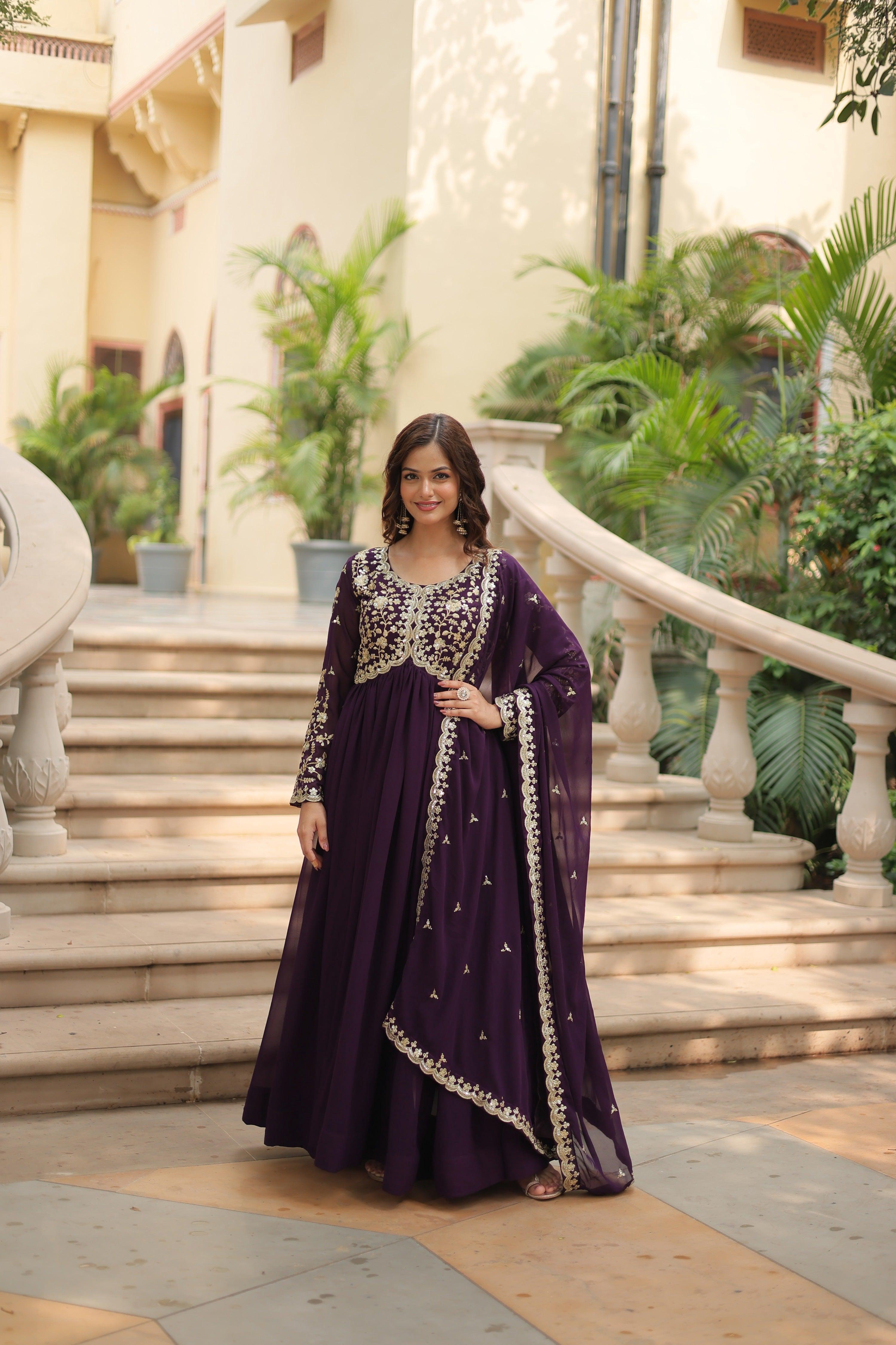 Jyoti Fashion Women's Wine Faux Blooming Sequins Zari Embroidered Long Anarkali Sets