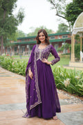 Purple Faux Blooming Anarkali set with gold zari and sequins embroidery