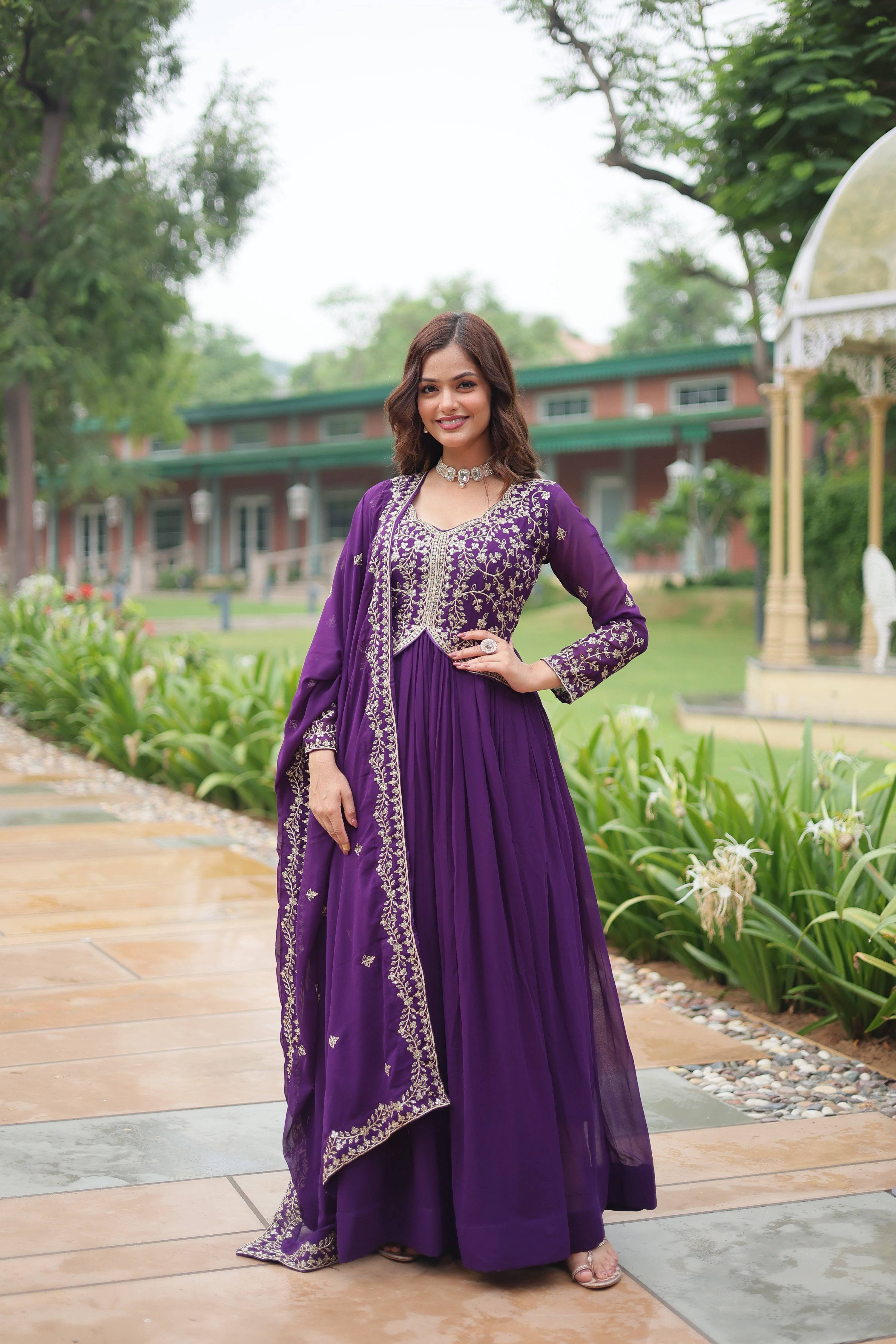 Purple Faux Blooming Anarkali set with gold zari and sequins embroidery