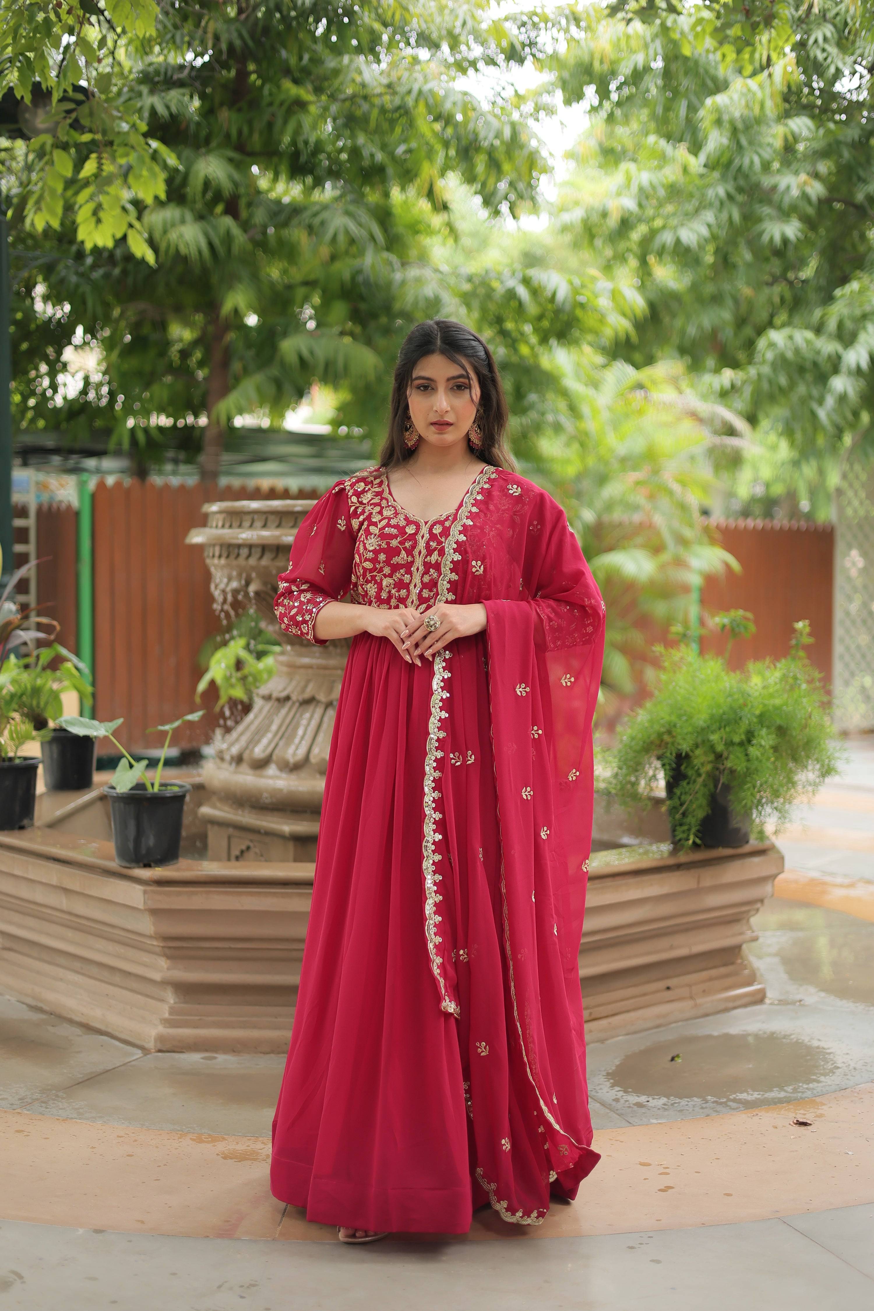 Rani Pink A-line Anarkali dress with intricate zari and sequins embroidery