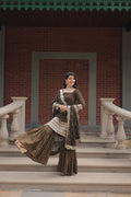Olive Green Faux Georgette A-Line Kurta set with intricate sequins and thread embroidery and matching dupatta