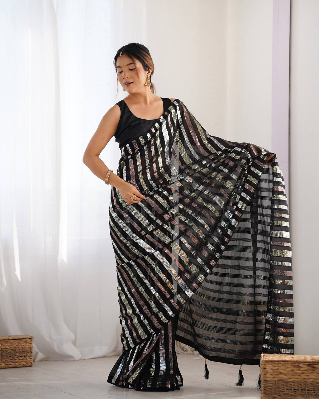 Women's Black Georgette Saree with Multi Sequins Designer Work