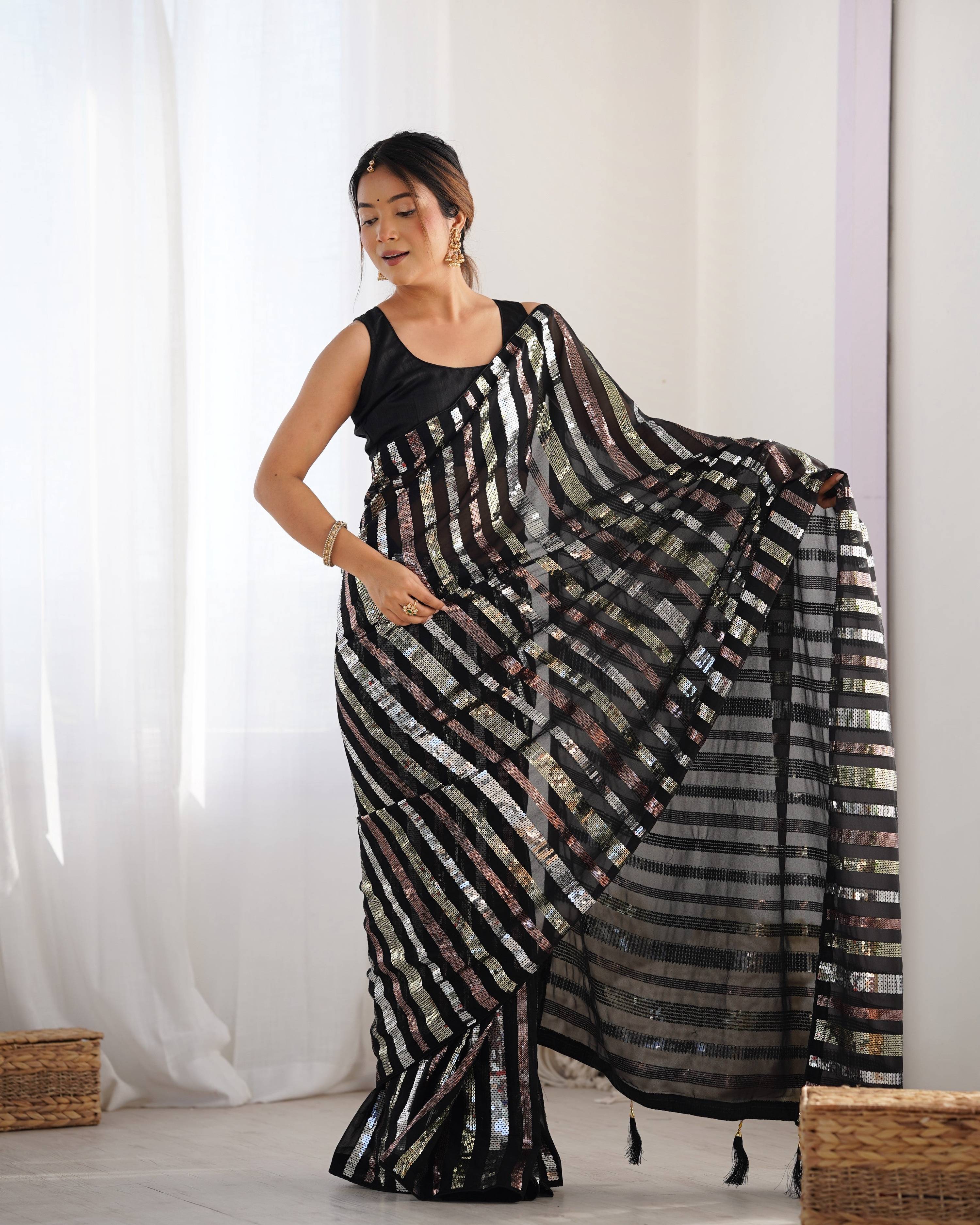 Women's Black Georgette Saree with Multi Sequins Designer Work