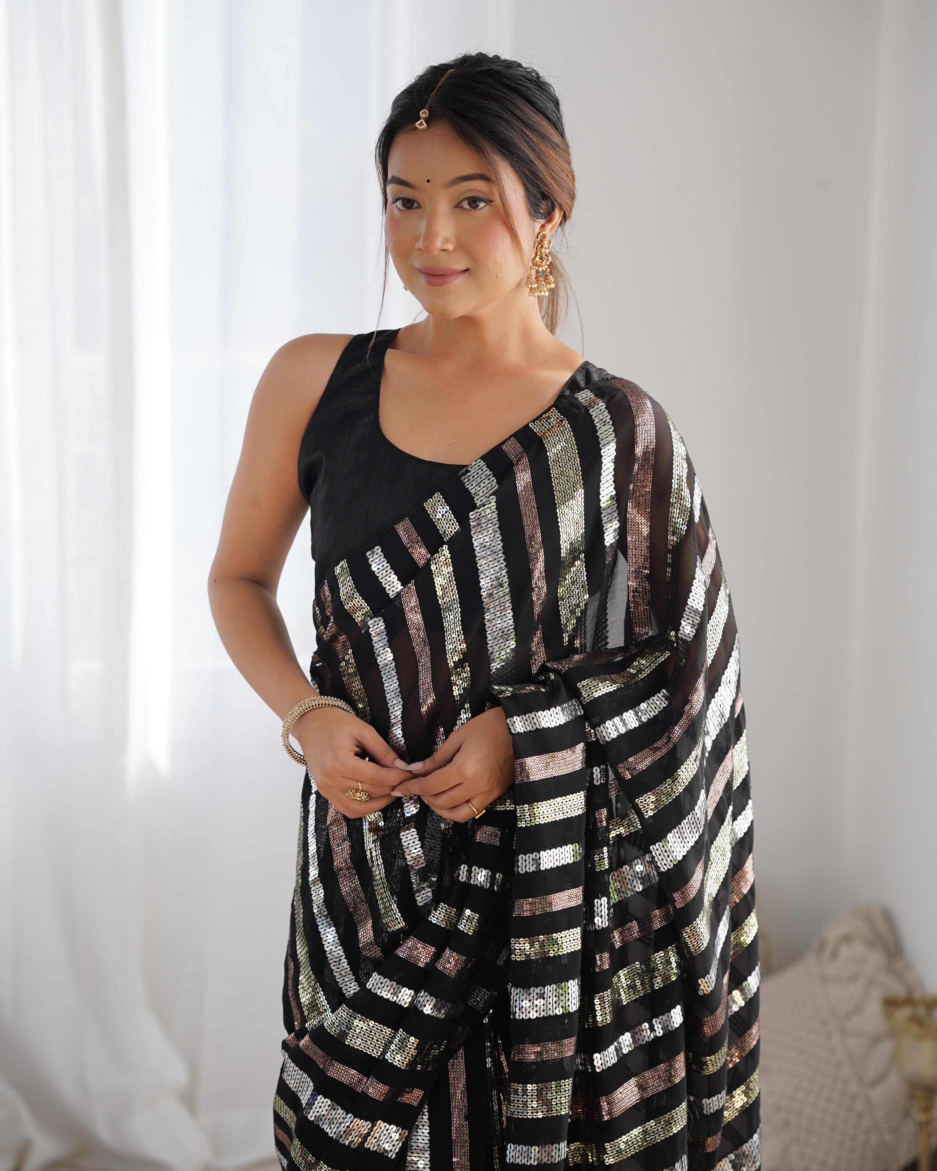 Women's Black Georgette Saree with Multi Sequins Designer Work
