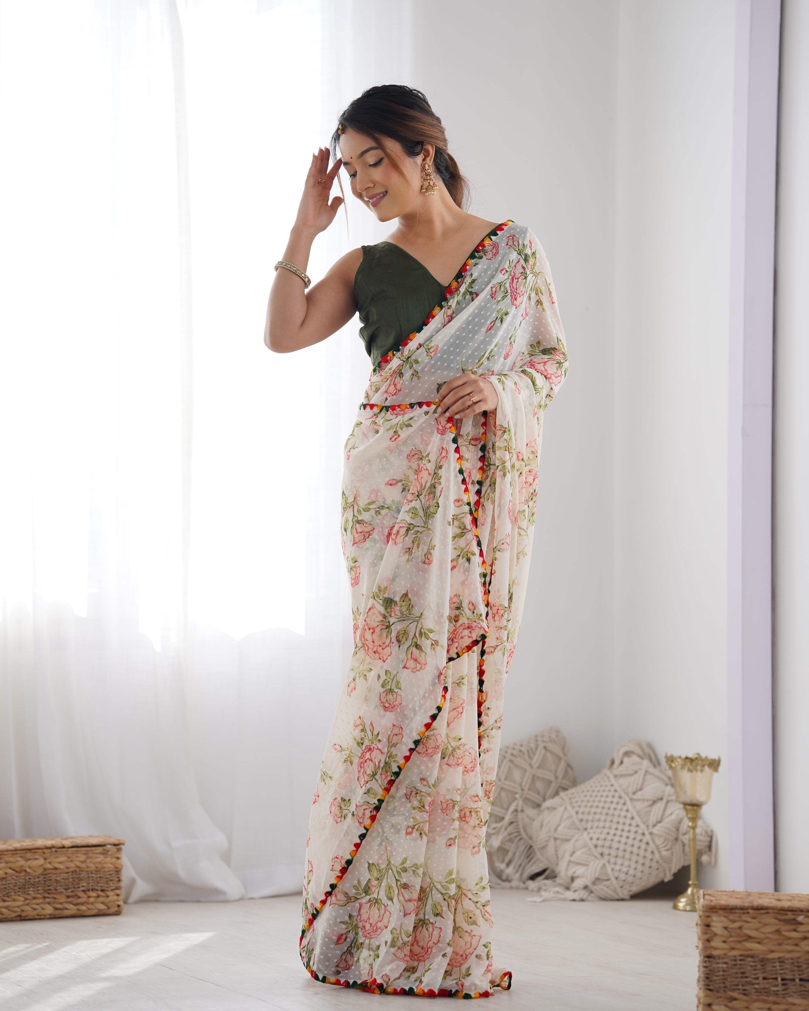 Off-White Georgette Printed Designer Saree with Unstitched Blouse
