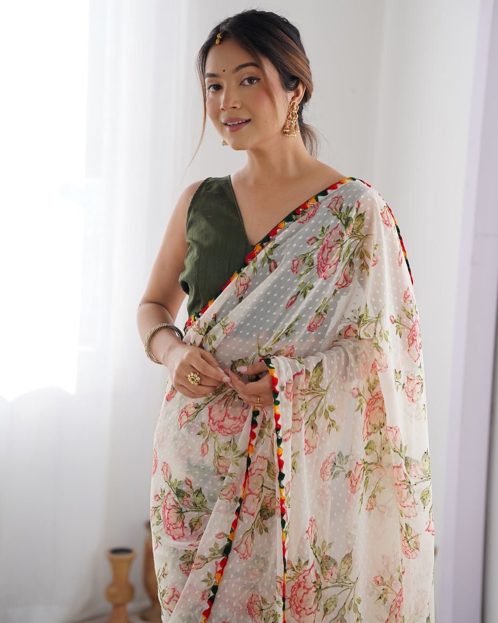 Off-White Georgette Printed Designer Saree with Unstitched Blouse