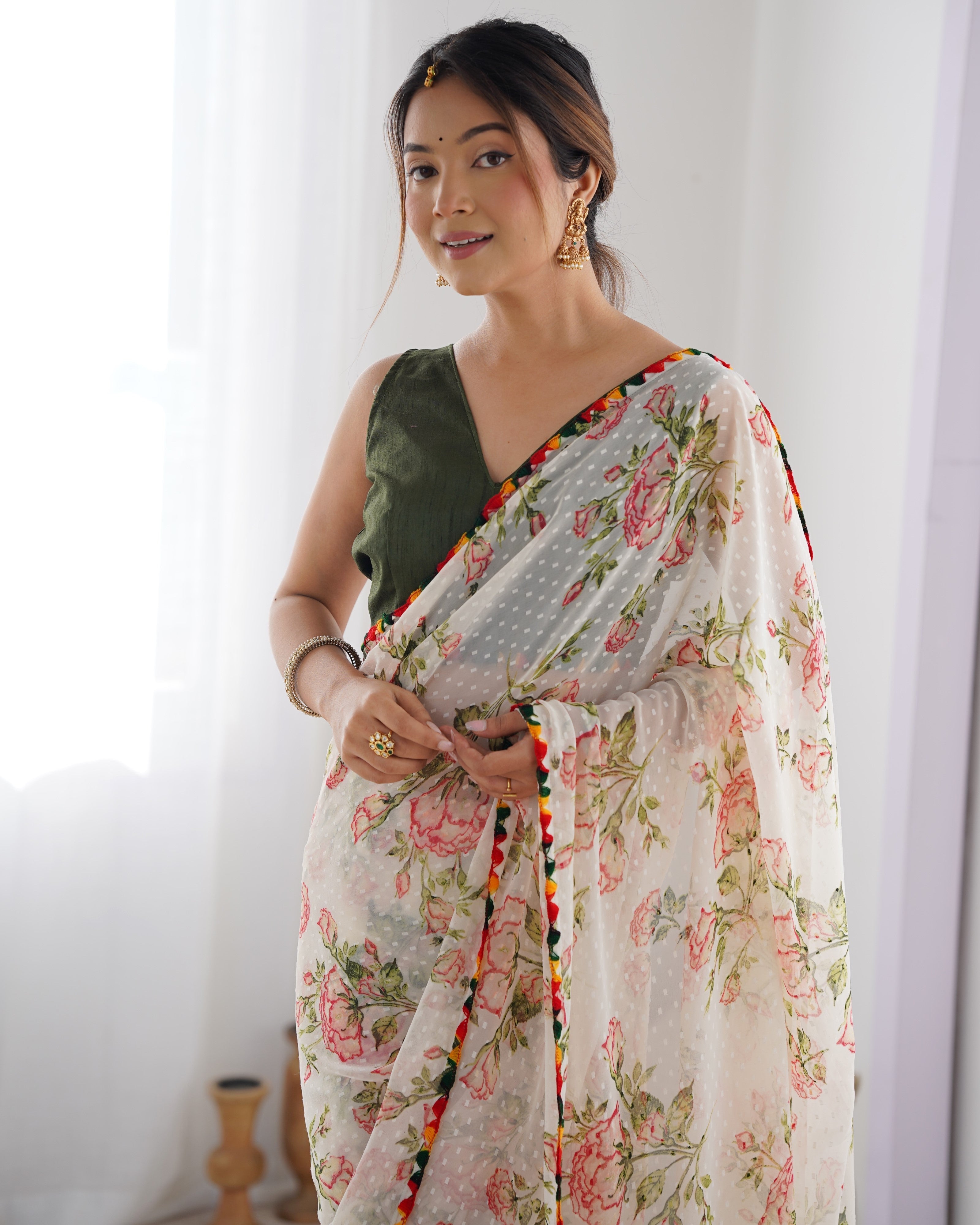 Off-White Georgette Printed Designer Saree with Unstitched Blouse