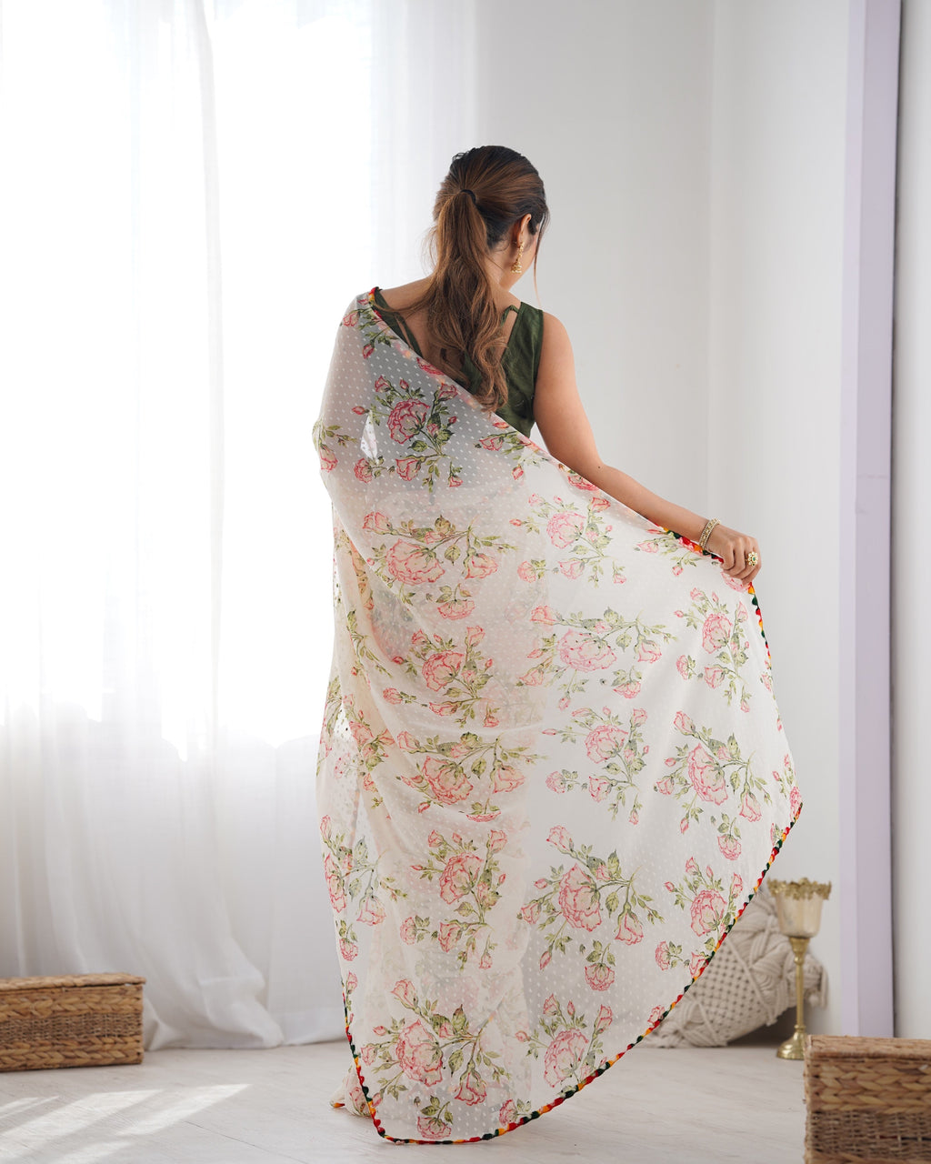 Off-White Georgette Printed Designer Saree with Unstitched Blouse
