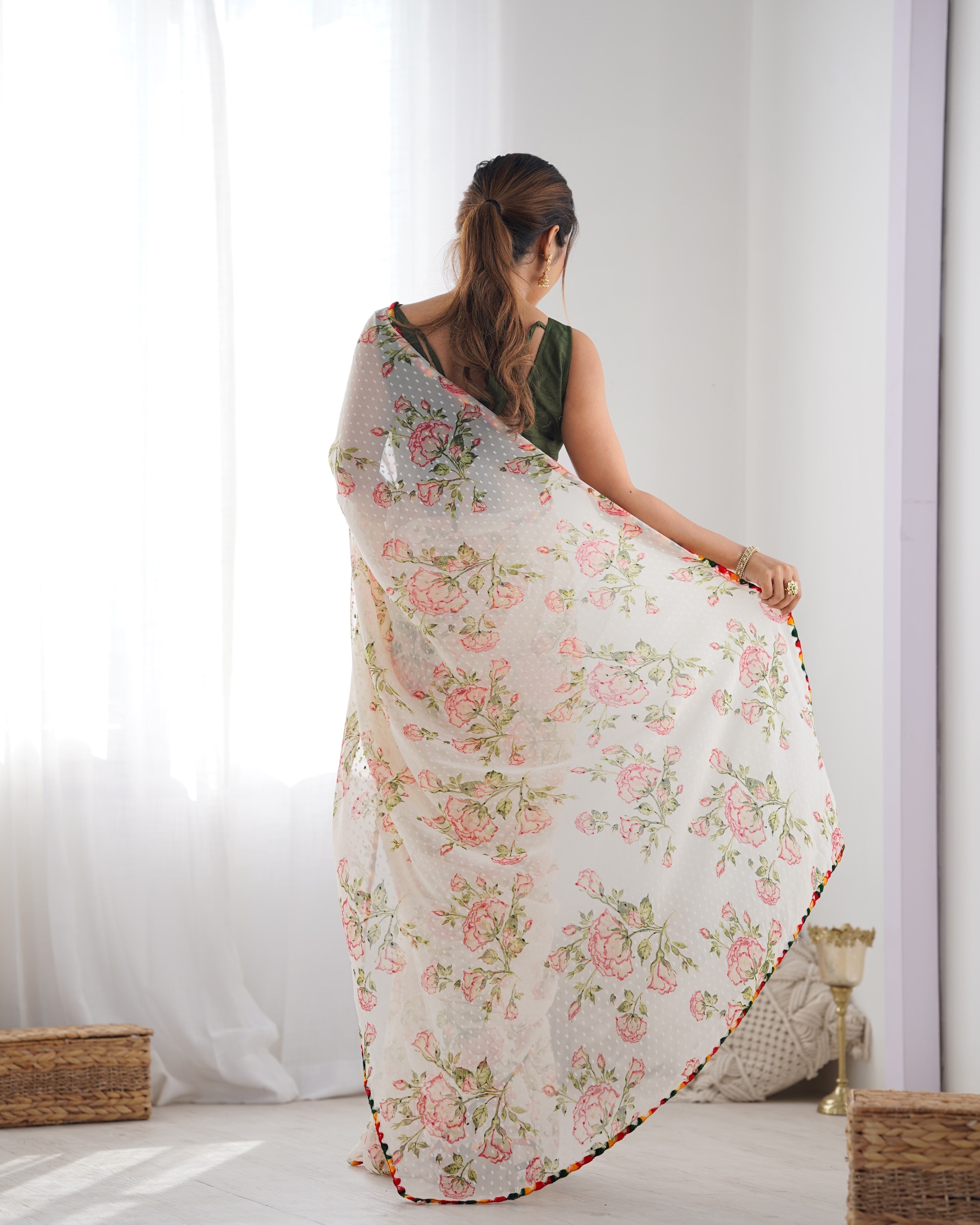 Off-White Georgette Printed Designer Saree with Unstitched Blouse