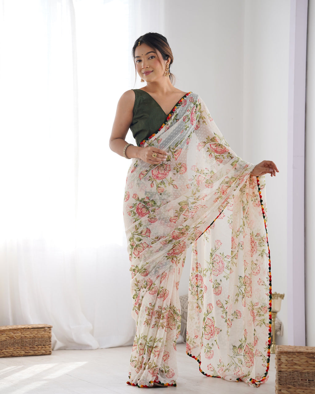Off-white georgette printed designer saree with matching unstitched Banglory silk blouse
