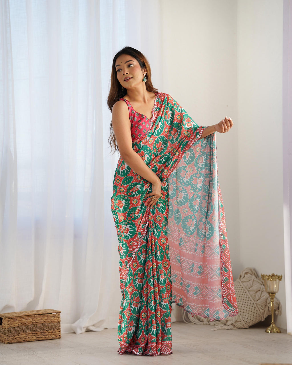 Green Chinon Printed Designer Saree with Mirror Work Blouse