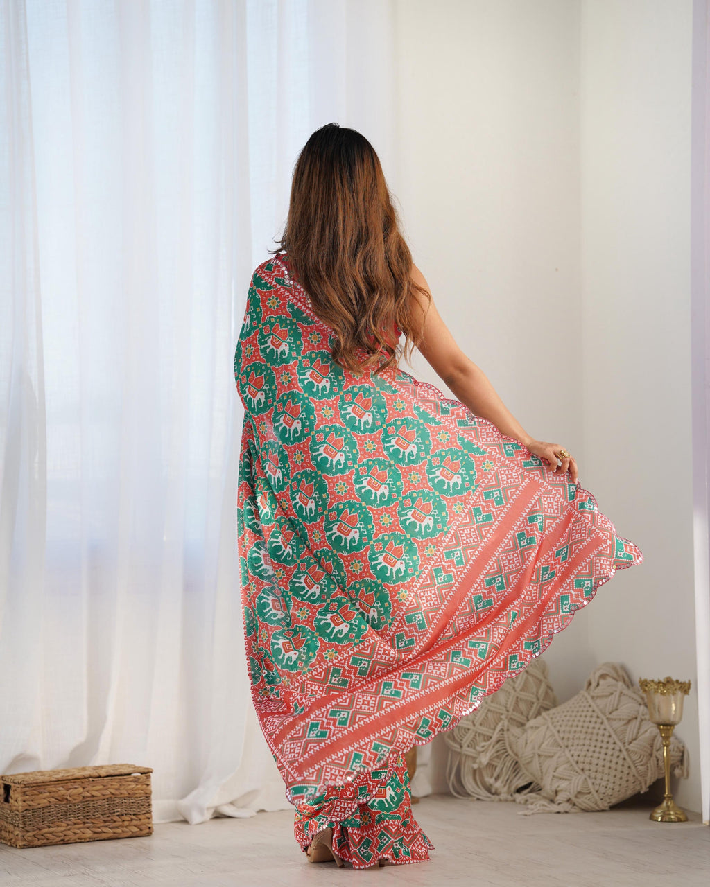 Green Chinon Printed Designer Saree with Mirror Work Blouse