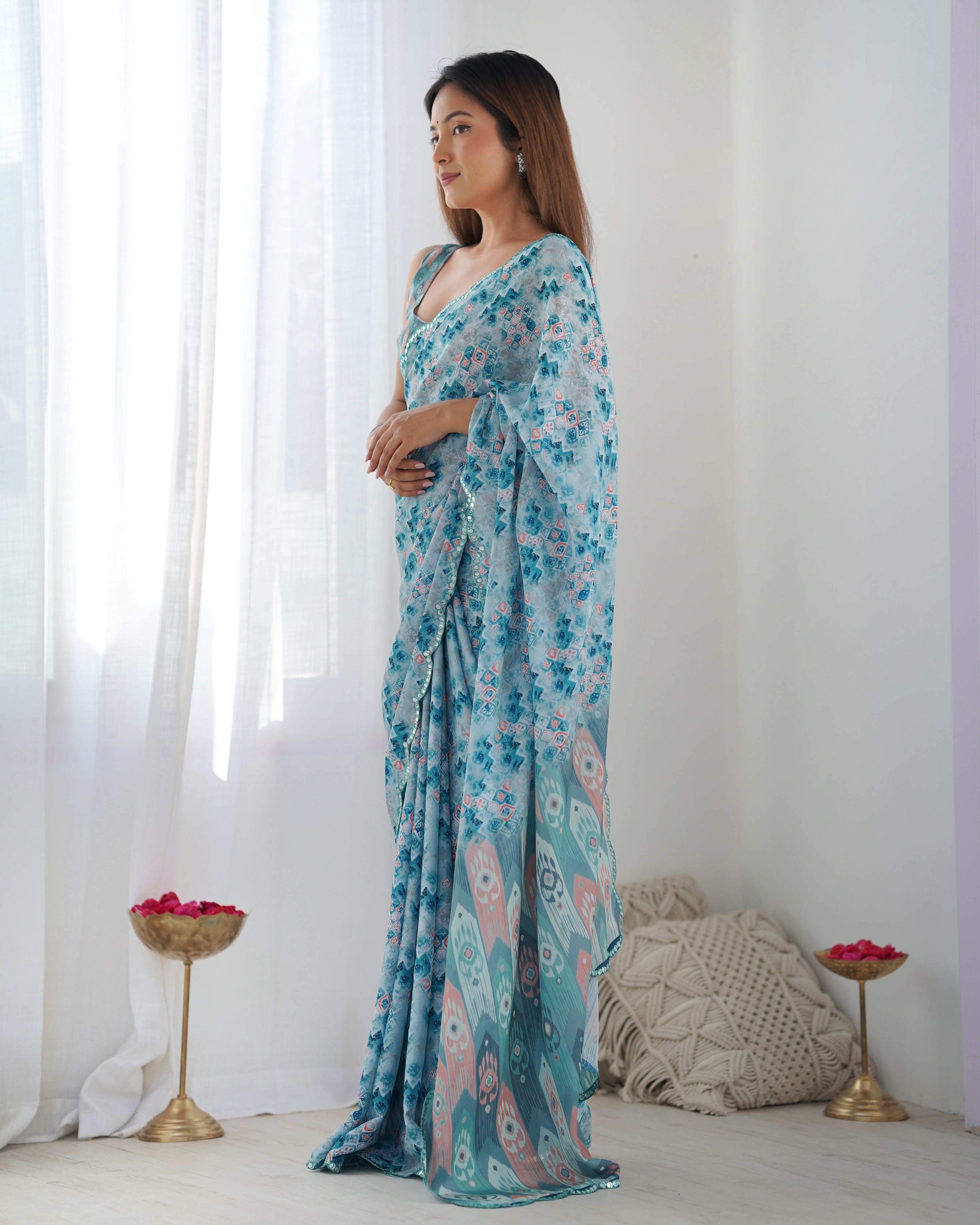 Women's Sky Blue Chinon Printed Saree with Mirror Work and Blouse