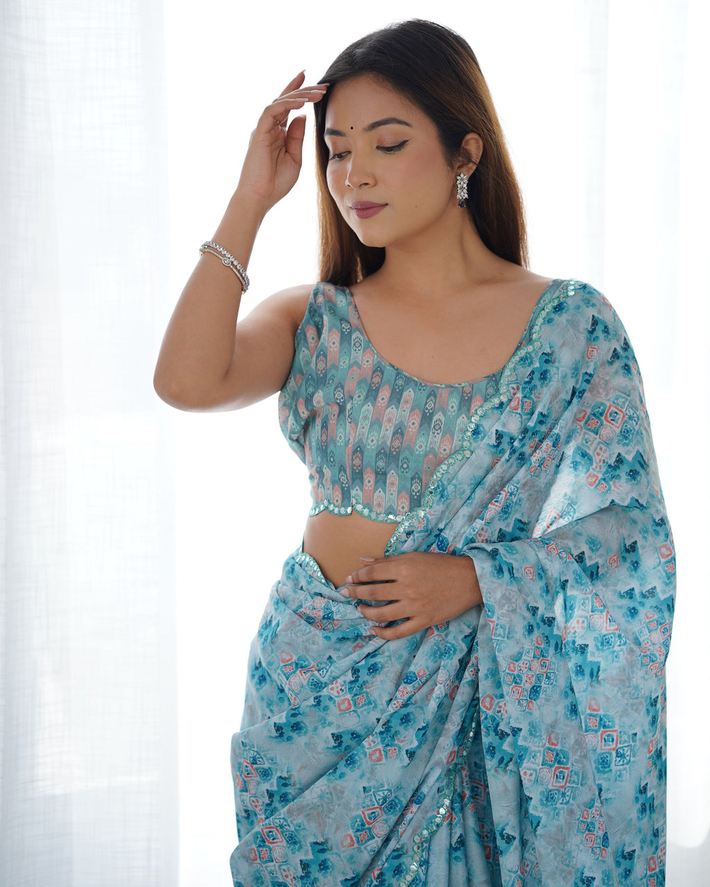 Women's Sky Blue Chinon Printed Saree with Mirror Work and Blouse