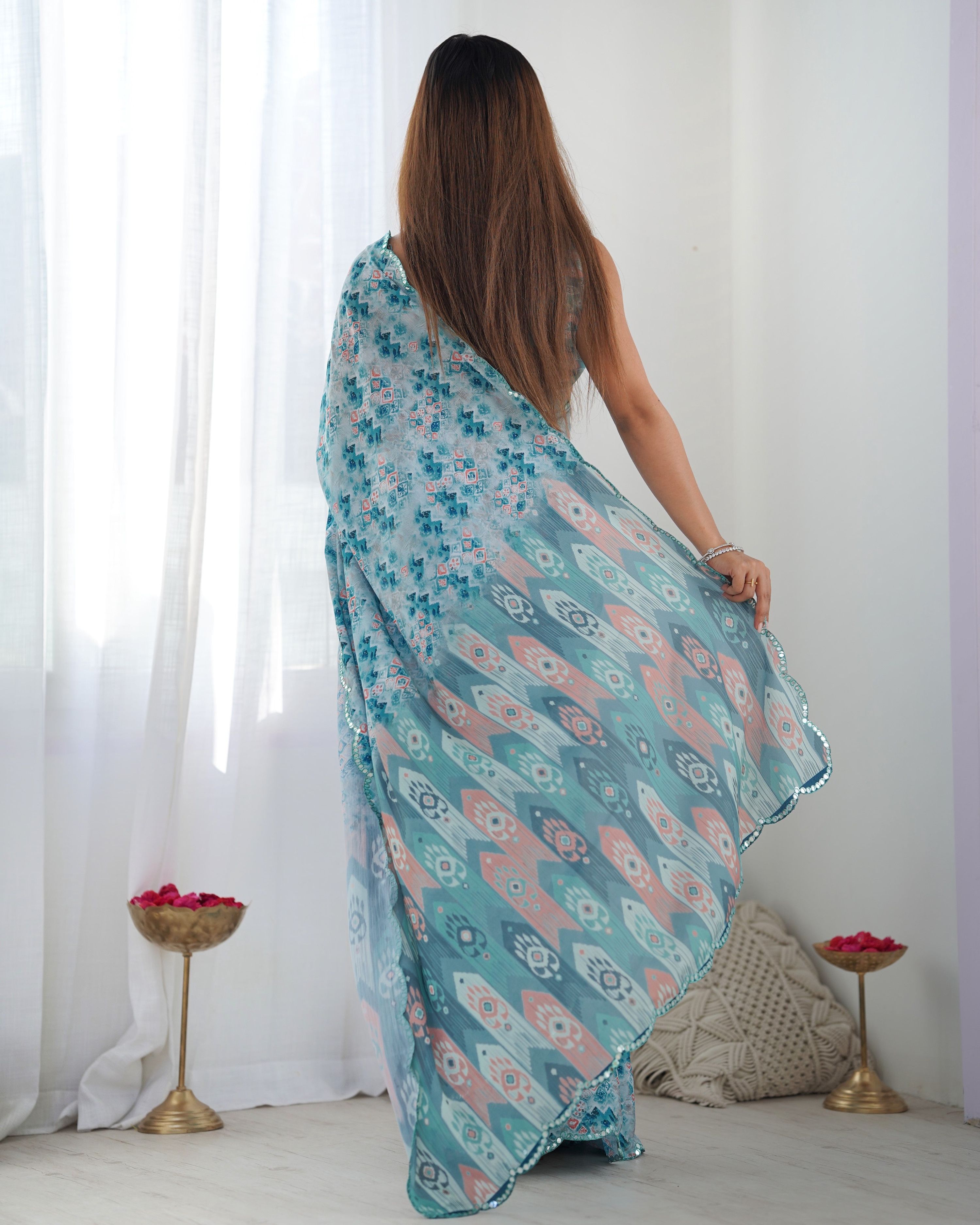 Women's Sky Blue Chinon Printed Saree with Mirror Work and Blouse