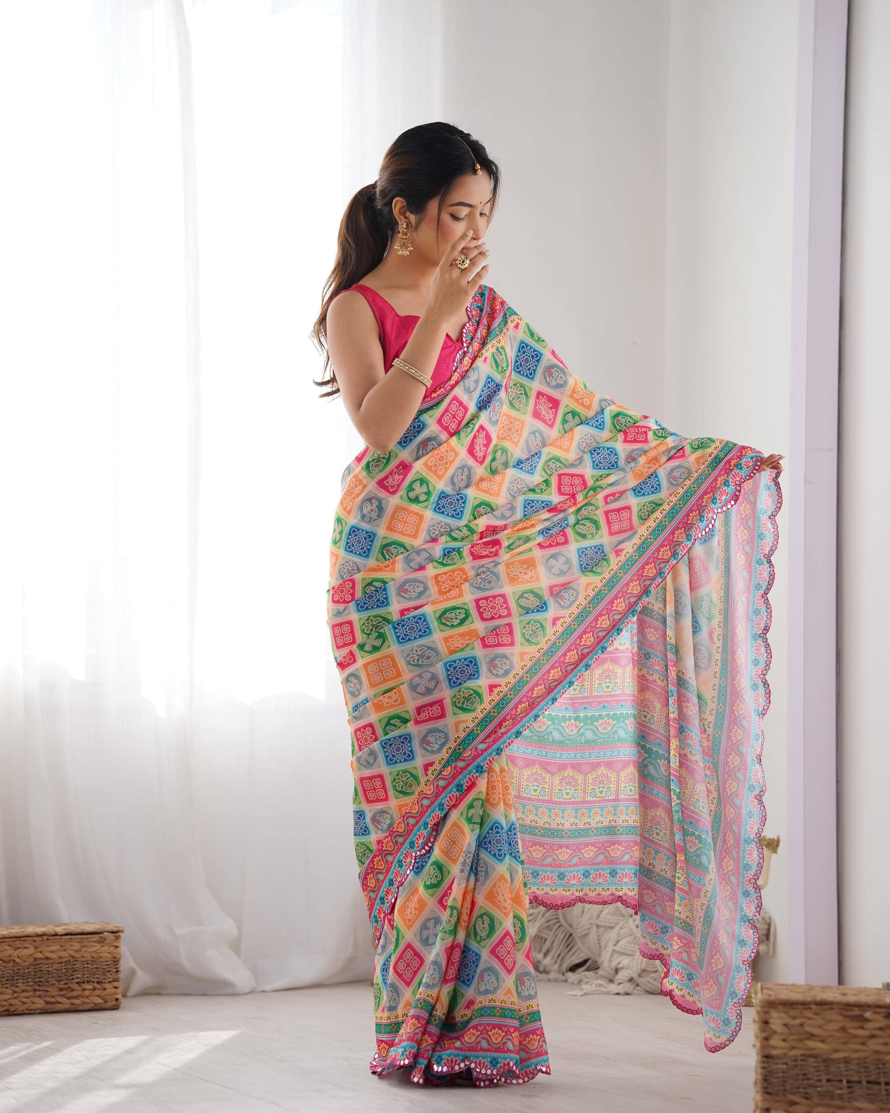 Multicolor Pink Chinon Geometric Print Saree with Mirror Work
