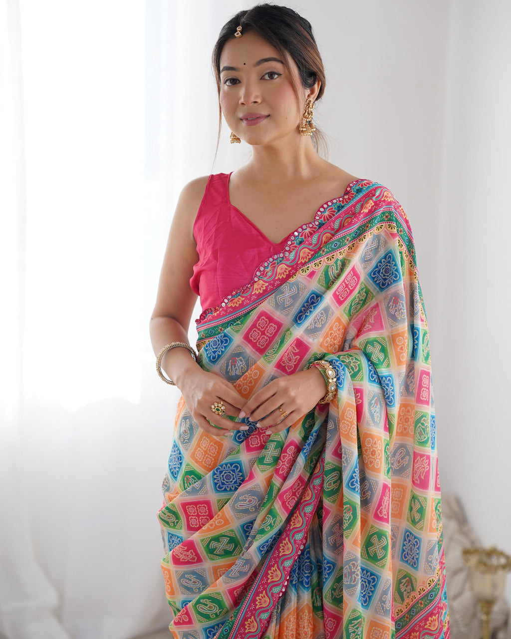 Multicolor Pink Chinon Geometric Print Saree with Mirror Work
