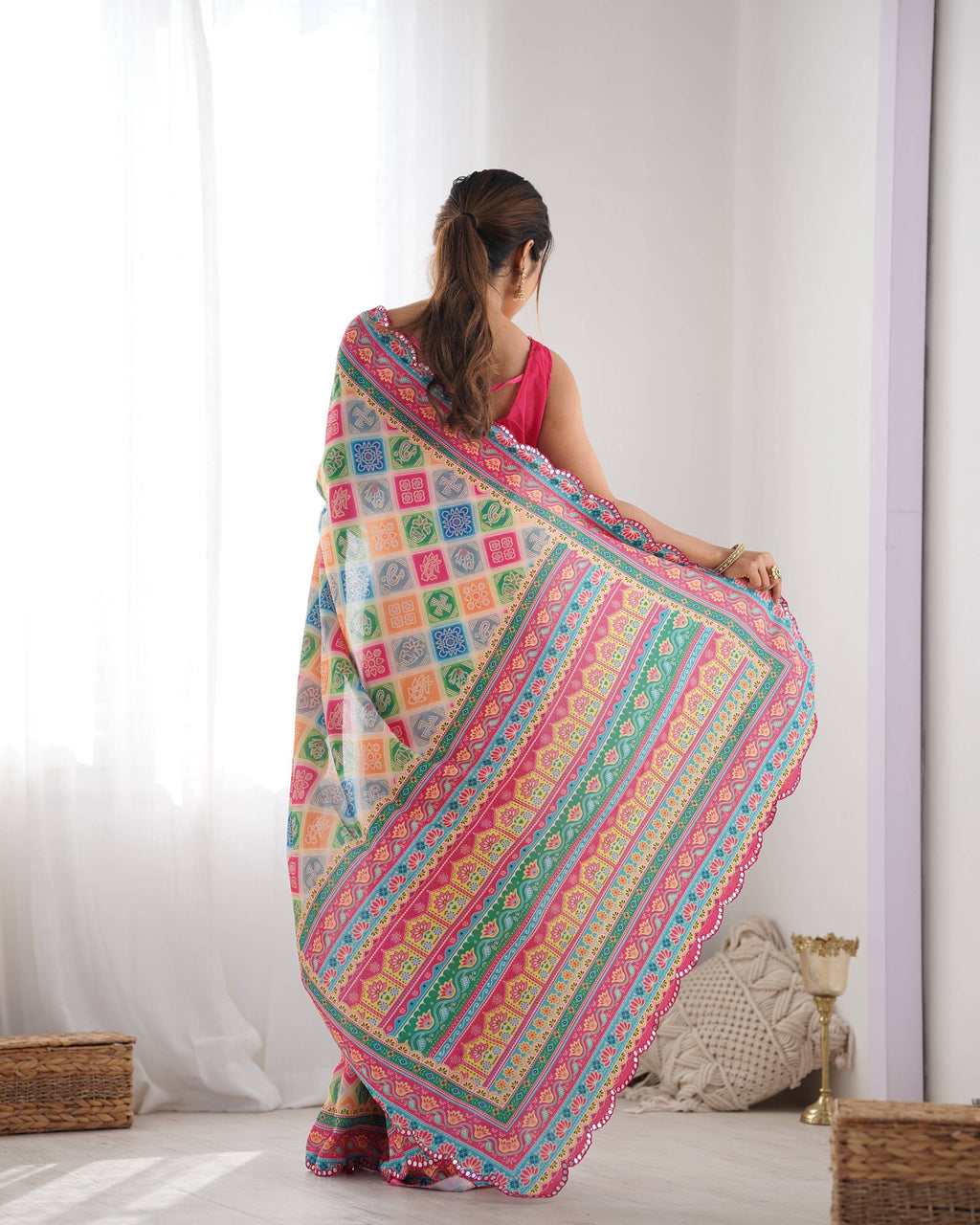Multicolor Pink Chinon Geometric Print Saree with Mirror Work