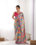 Multicolor and pink geometric print Chinon saree with intricate mirror work detailing