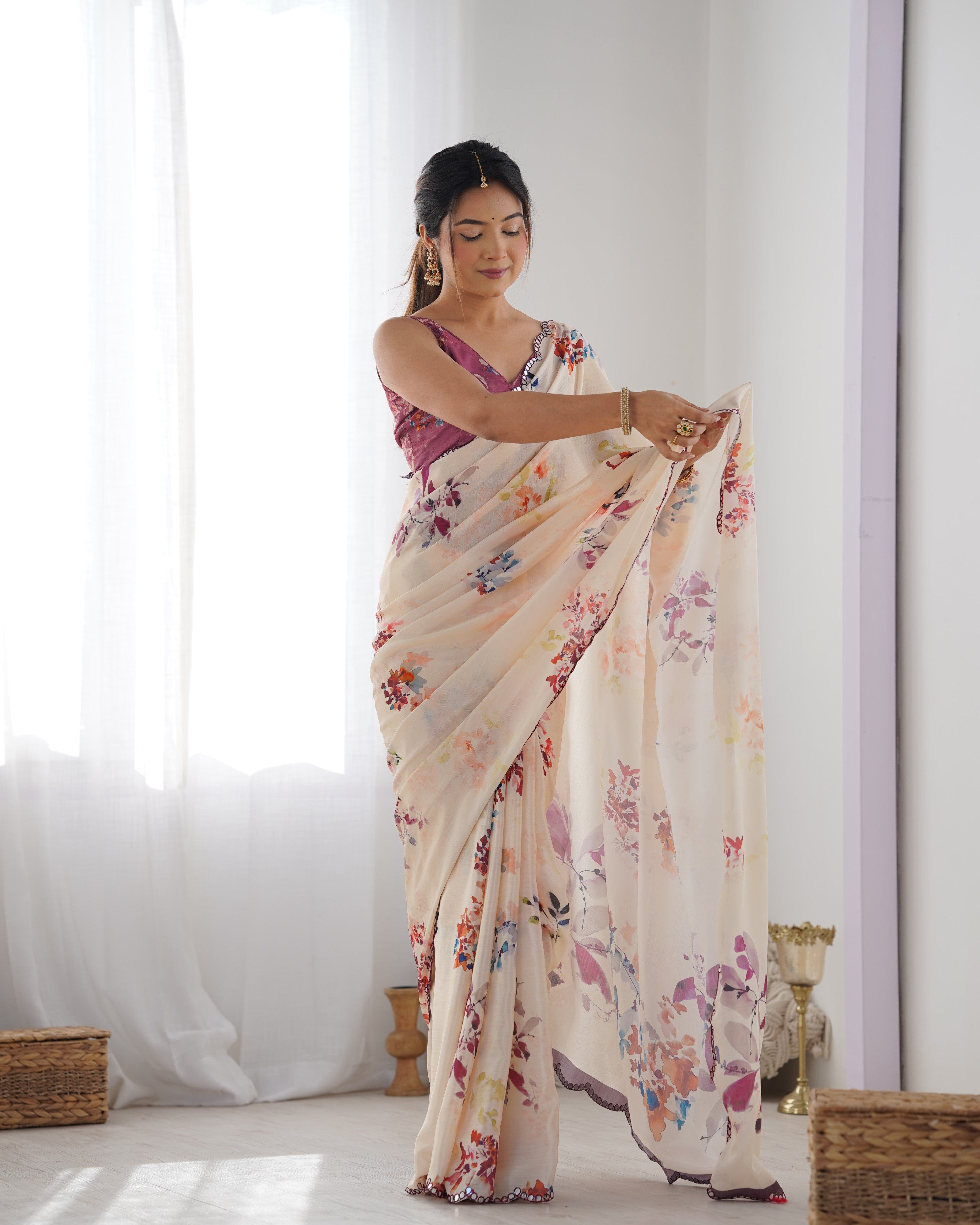 Jyoti Fashion Women's Off White Chinon Print with Mirror Work Designer Saree with Blouse